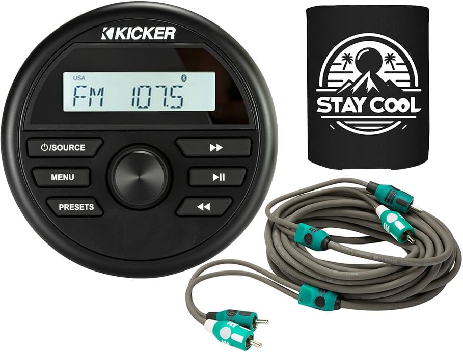 KICKER Receiver and Speakers Package of 2 Items - in-Dash KM Series Gauge-Style Digital Media Marine Receiver with RCA Audio Cable - Stereo Kit - 46KMC2 Receiver & 47KMI10 Cable