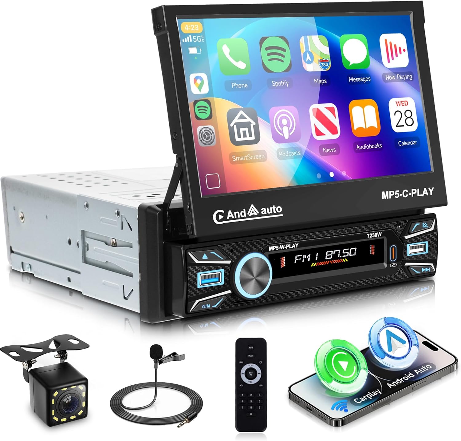 Single Din Car Stereo Touch Screen Flip Out Wireless Carplay Android Auto, 7 Inch Car Radio 1 Din with Bluetooth 5.1 FM Radio Mirror Link EQ/TF/USB/AUX Rear View Camera Steering Wheel Control