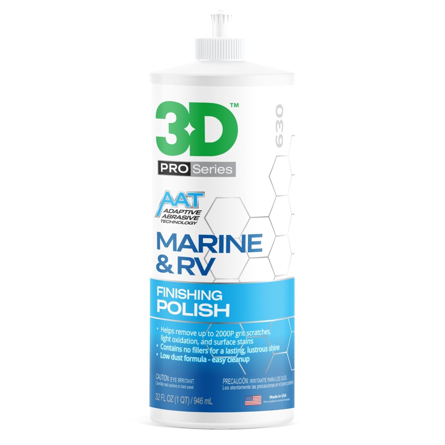 3D Marine & RV Finishing Polish – Removes P2000 Grit Scratches, Oxidation & Swirls, High-Gloss Gel Coat Shine, No Fillers, Low-Dust Formula, 32oz