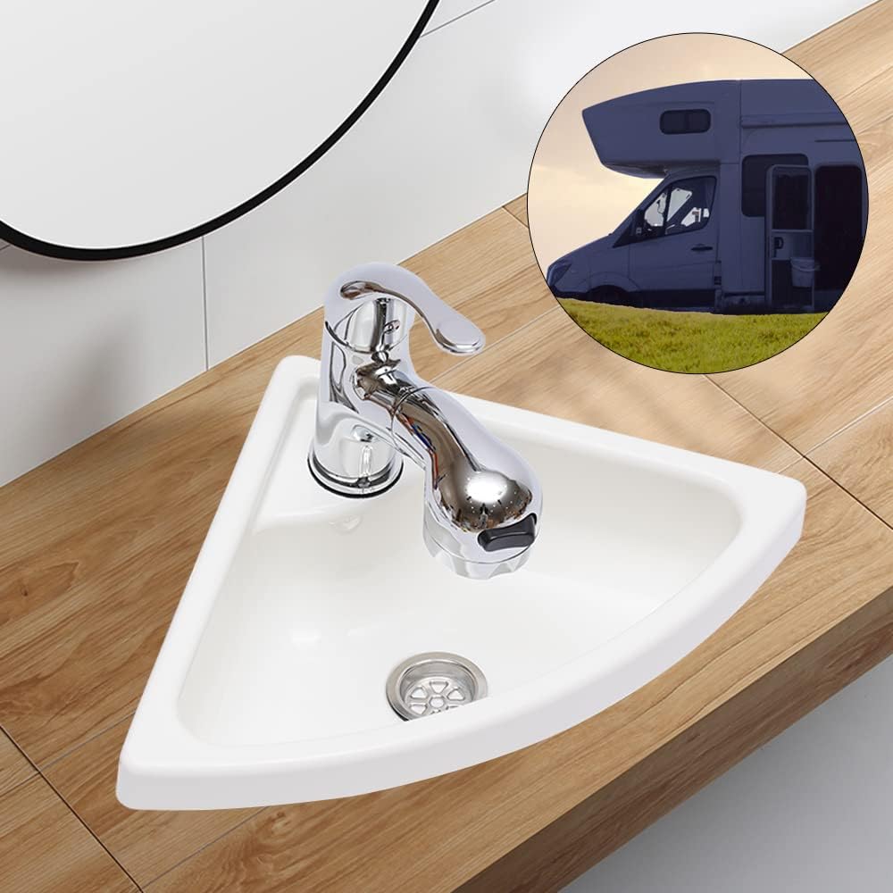Wall Mount Corner Bathroom Sink White Acrylic Triangle Sink With Faucet Vanity Single Bowl Sink for Boat Caravan Rv Camper Kitchen Bathroom Lavatory (With Faucet and Water Drain Plug)