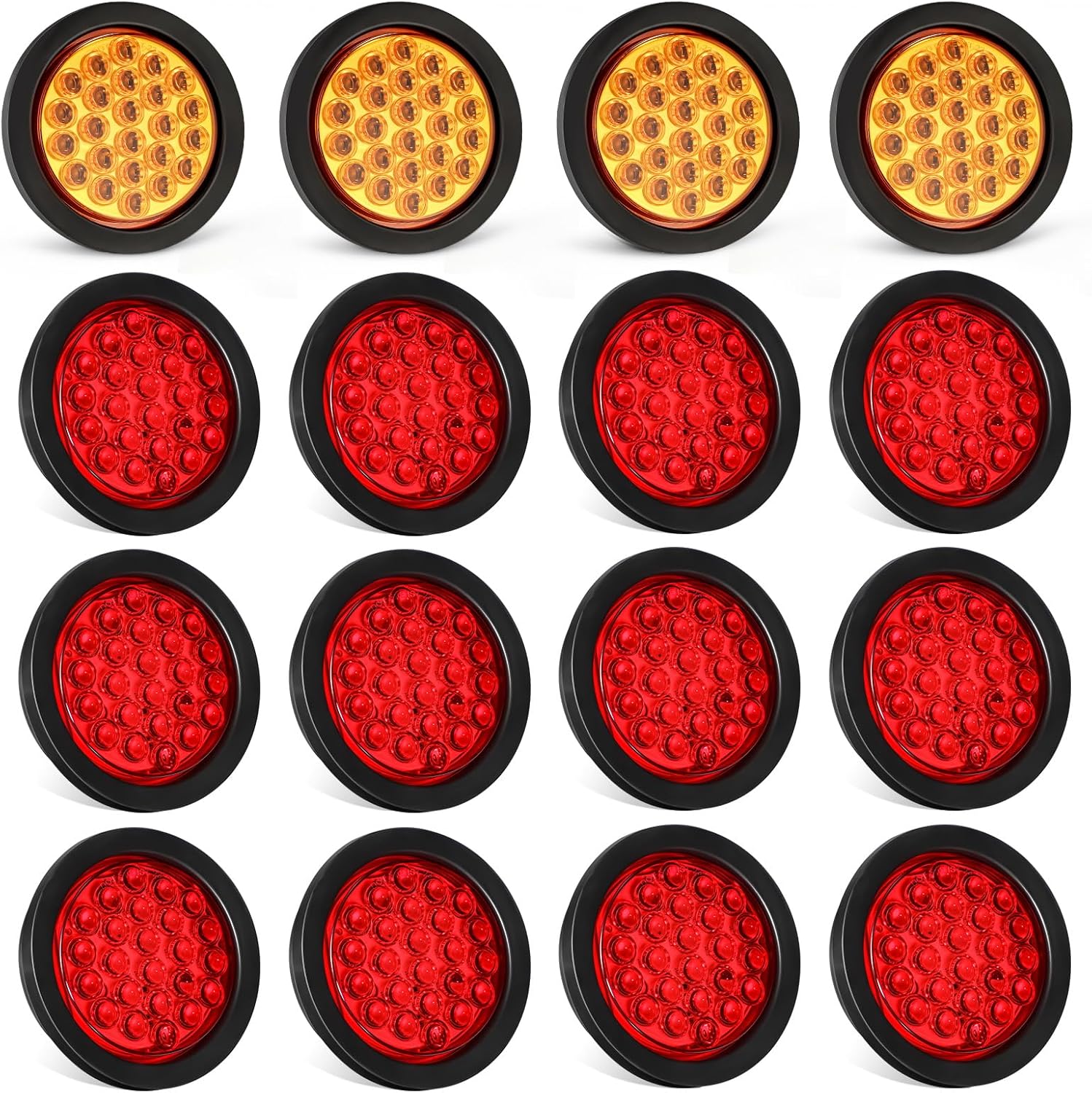 Partsam 4x 4 Inch Round Amber Strobe Lights 24 Diodes LED, 12Pcs 4 Inch Round LED Trailer Tail Lights Red 24LEDs Waterproof 12V Grommet Plug Included