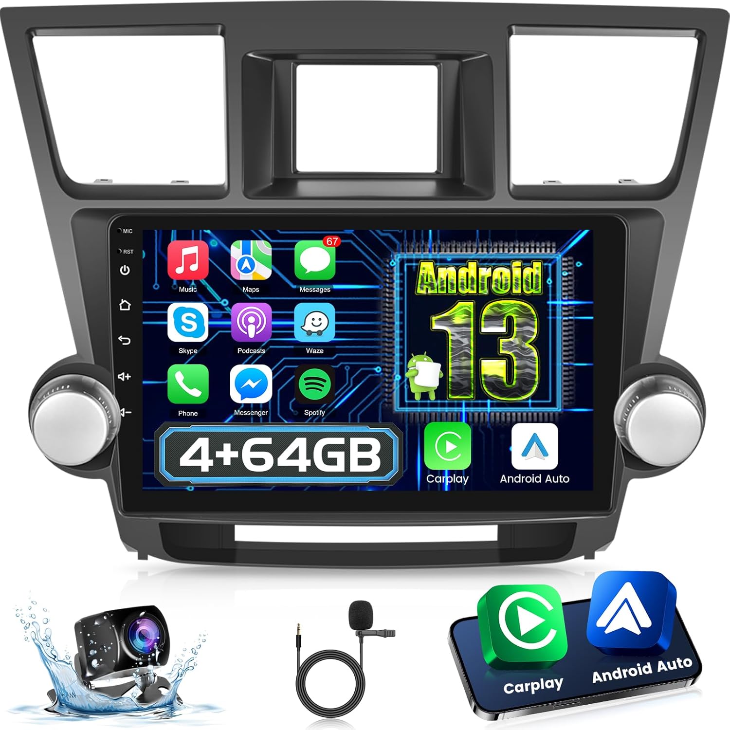 [4+64G] Android 13 Car Radio for Toyota Highlander 2009-2014 - Wireless Carplay and Android Auto - 10.1 Inch 1280 * 720 HD Touch Screen Car Stereo - 32 EQ/WiFi/GPS/SWC + AHD Backup Camera
