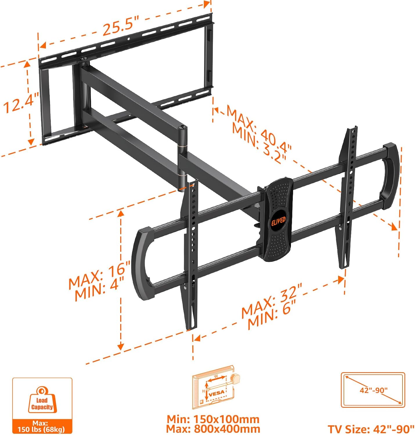 ELIVED Long Extension TV Mount for Most 42-90 Inch tvs, Full Motion Wall Bracket with 40.4 inch Long Arm Articulating TV Wall Mount, Max VESA 800x400mm, Holds up to 150lbs, fits Wood Studs 12