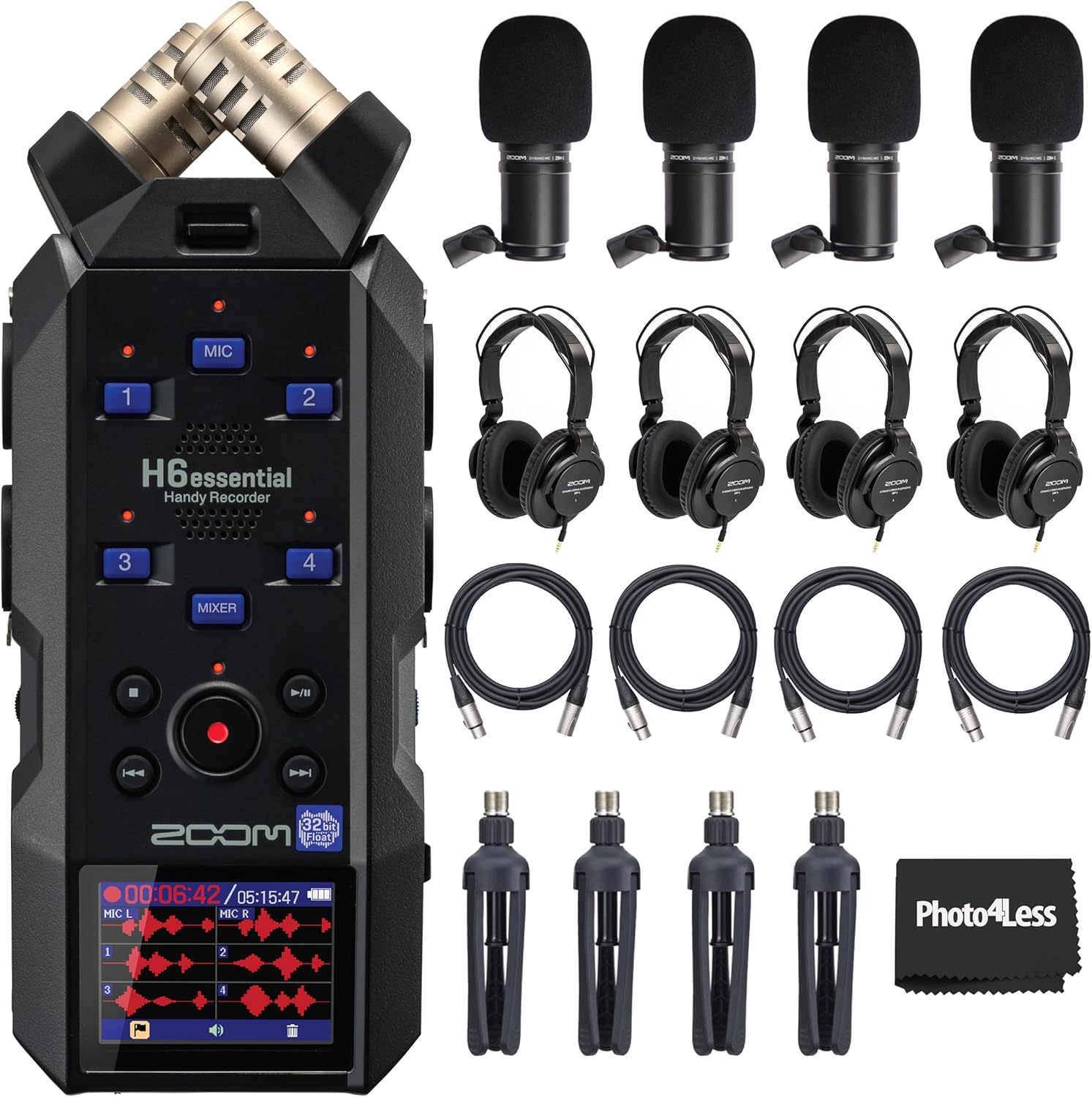 Zoom H6essential 6-Track 32-Bit Float Portable Audio Recorder Bundle With 4x Zoom ZDM-1 Podcast Mic Pack with Headphones, Windscreen, XLR Cable and Tabletop Stand
