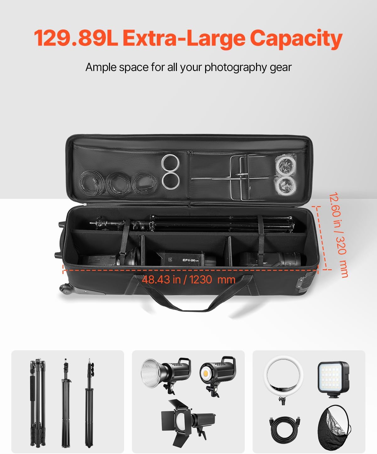 VEVOR Studio Equipment Trolley Case, 51.57 x 14.37 x 14.96 in / 131 x 36.5 x 38 cm, Rolling Camera Bag, Carrying Bag with Wheels Straps Padded Compartment Handle, for Light Stands, Tripods, Telescopes