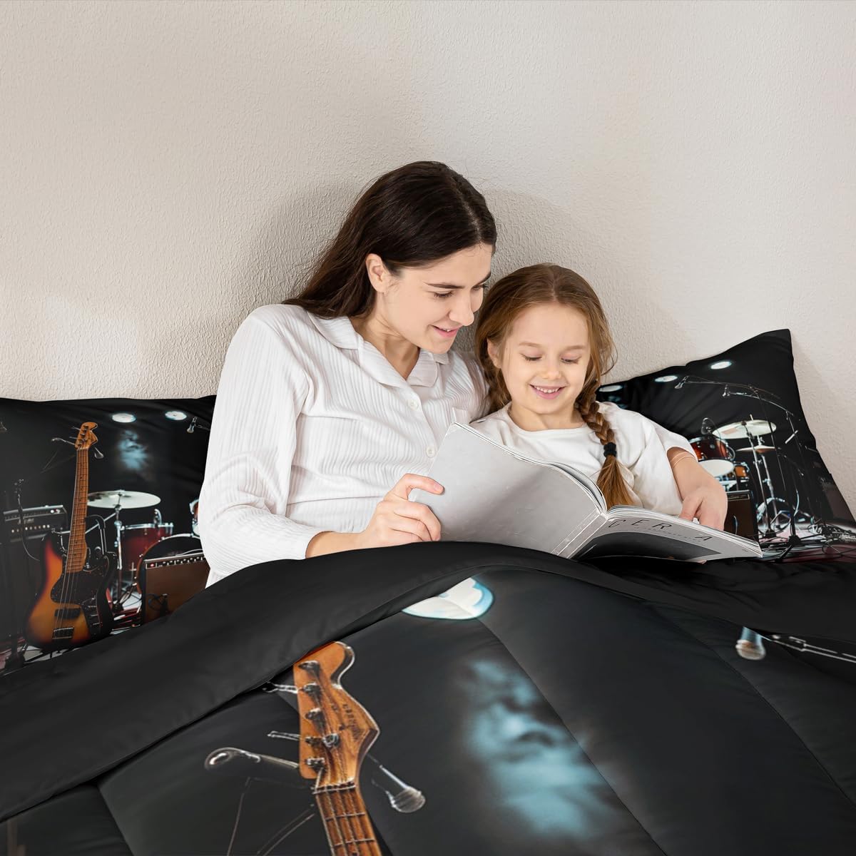 Retro Drum Kit King Bedding Set for Kids,Pop Music Comforter Bed Set Boys Men Bedroom Decor,Boys Girls Rock Music Themed Quilt Set for Child Bedroom 3 PCS,Musical Duvet Insert,2 Pillow Cases