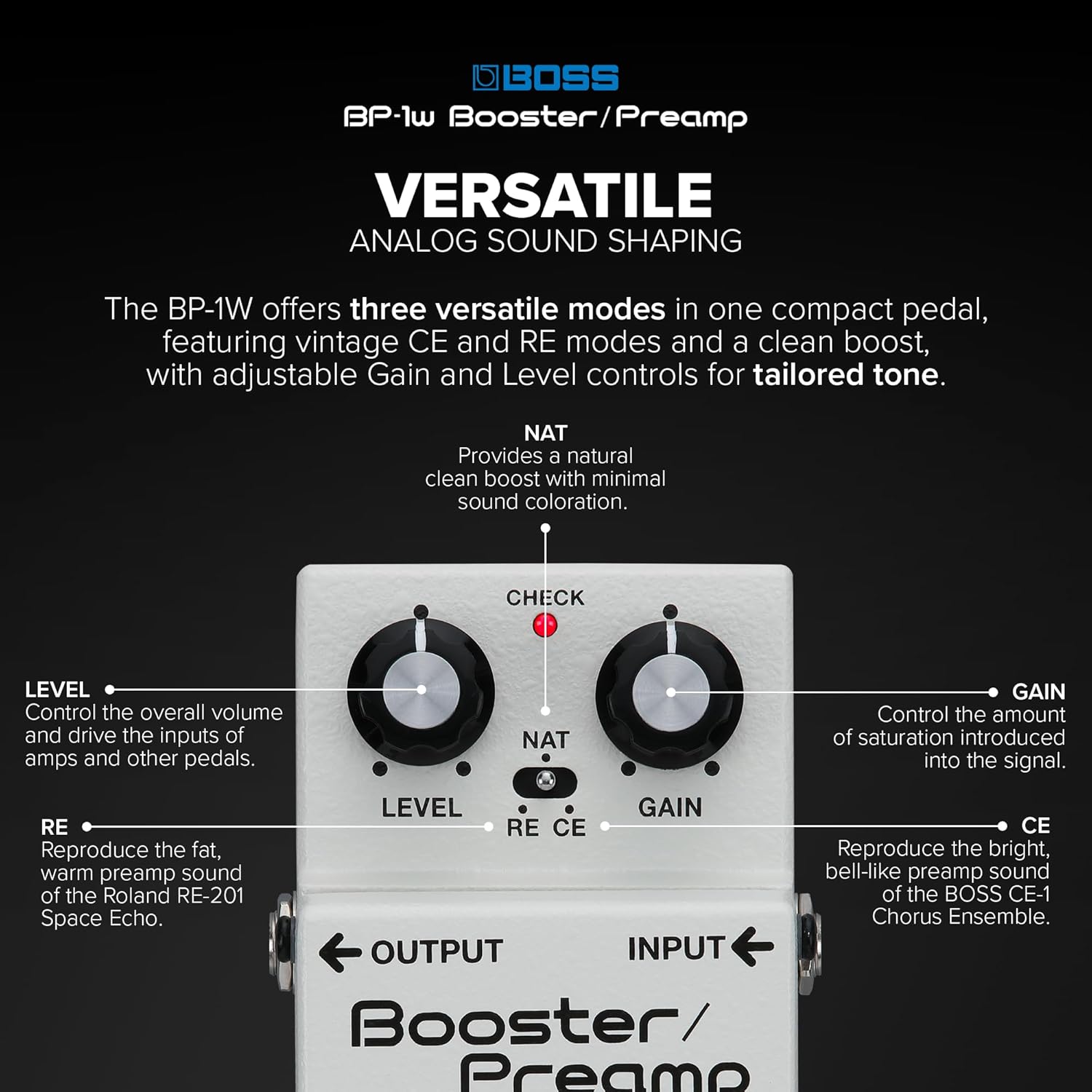 BOSS BP-1W Booster/Preamp | Premium Waza Craft Guitar Effect Pedal with Analog Circuitry | Vintage Sounds from the BOSS CE-1 Chorus Ensemble & Roland RE-201 Space Echo | Standard & Vintage Buffer