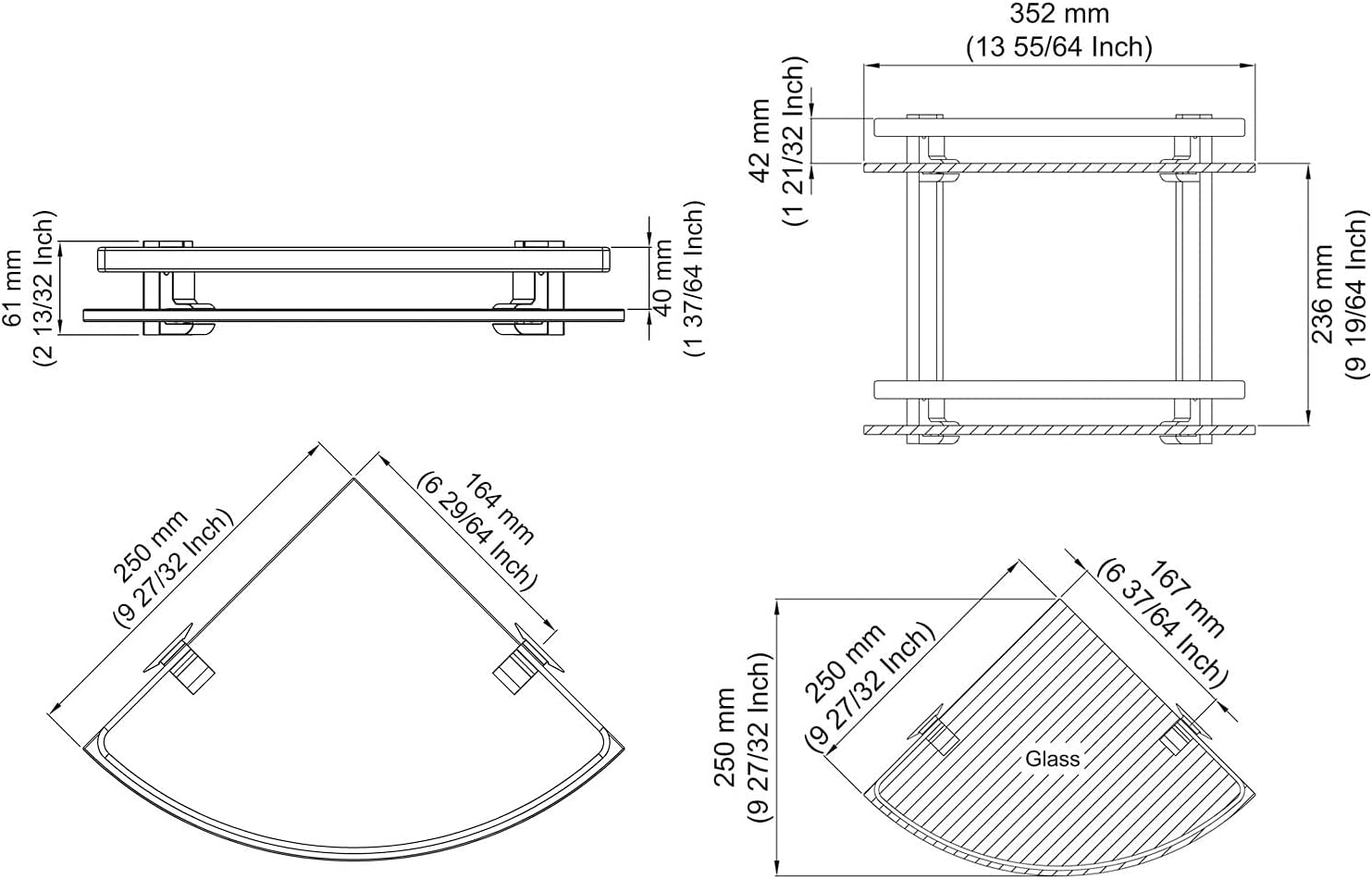 Bathroom Storage,Shower Shelf, Bathroom Corner Glass Shelf 8MM-Thick Lavatory Wall Mount Triangular Single Layer with Rail 9.8x9.8x2.0 inch Clear Glass Corner Shelf,Rack