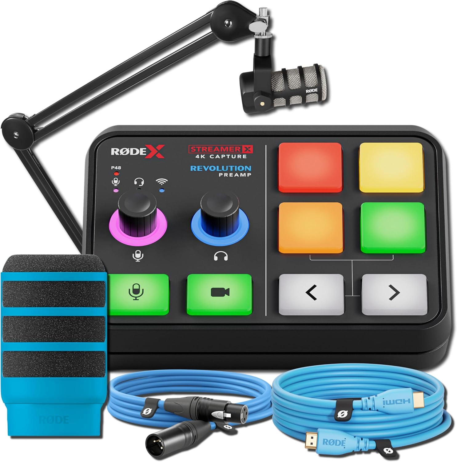 Rode Streamer X Audio Interface/Video Capture Card with PodMic, WS14 Pop Filter, PSA1 Broadcast Microphone Boom Arm, 3m HDMI Cable, and XLR Cable (Blue)