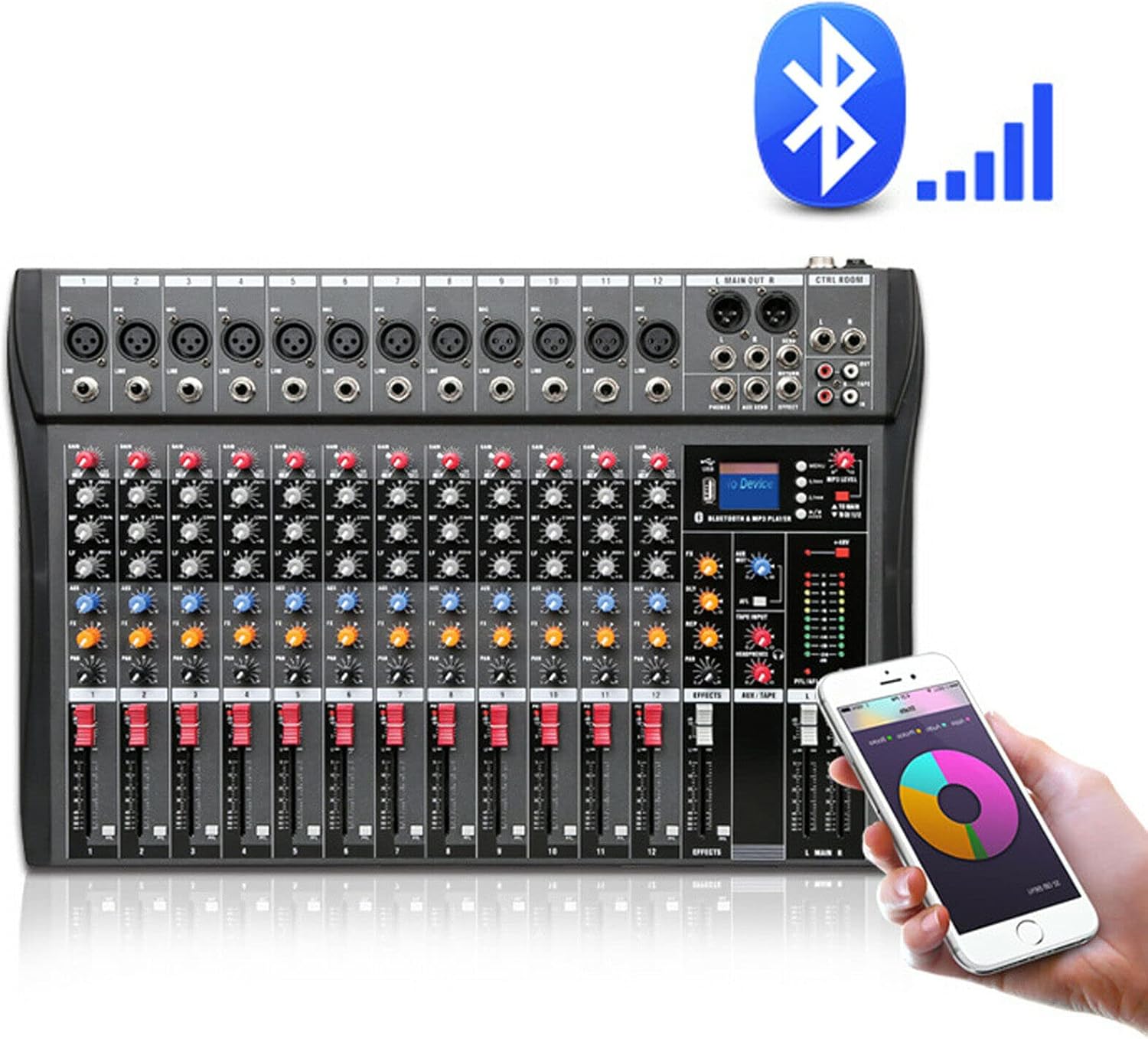 Professional Audio Mixer Sound Board Console,12 Channel Studio Audio Mixer,Bluetooth USB Live Studio Audio Mixing Power Mixing Amplifier Studio Audio DJ KTV Mixing Console USB Slot