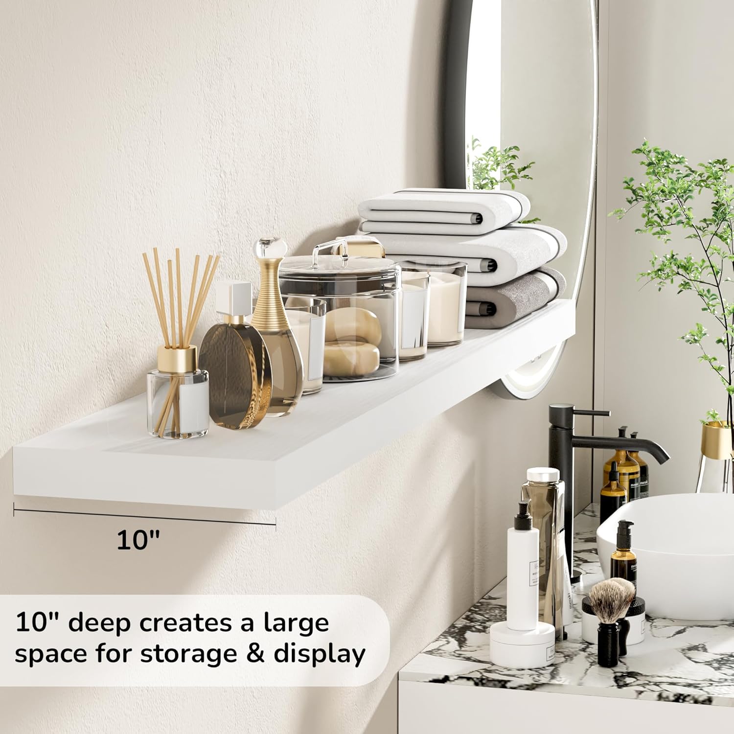 Floating Shelves - 10.3 Inch Deep Wall Shelf for Decor & Storage - Wall Mounted Display Shelving with Invisible Heavy-Duty Metal Bracket - 48