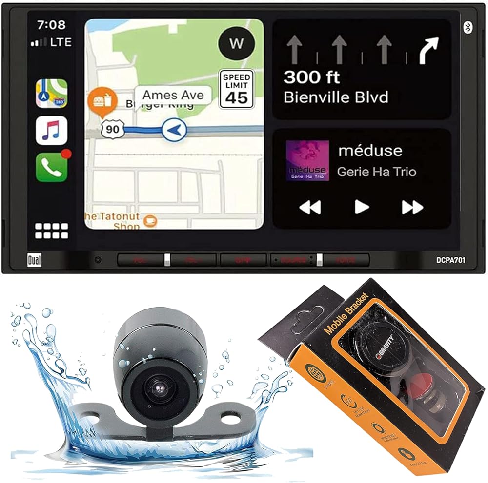 Dual Electronics DCPA701 7-Inch Single-DIN in-Dash Digital Media Receiver with Bluetooth, Android Auto and Wired Mirror Phone to The Unit with Gravity Magnet Phone Holder and Camera PK3 Bundle