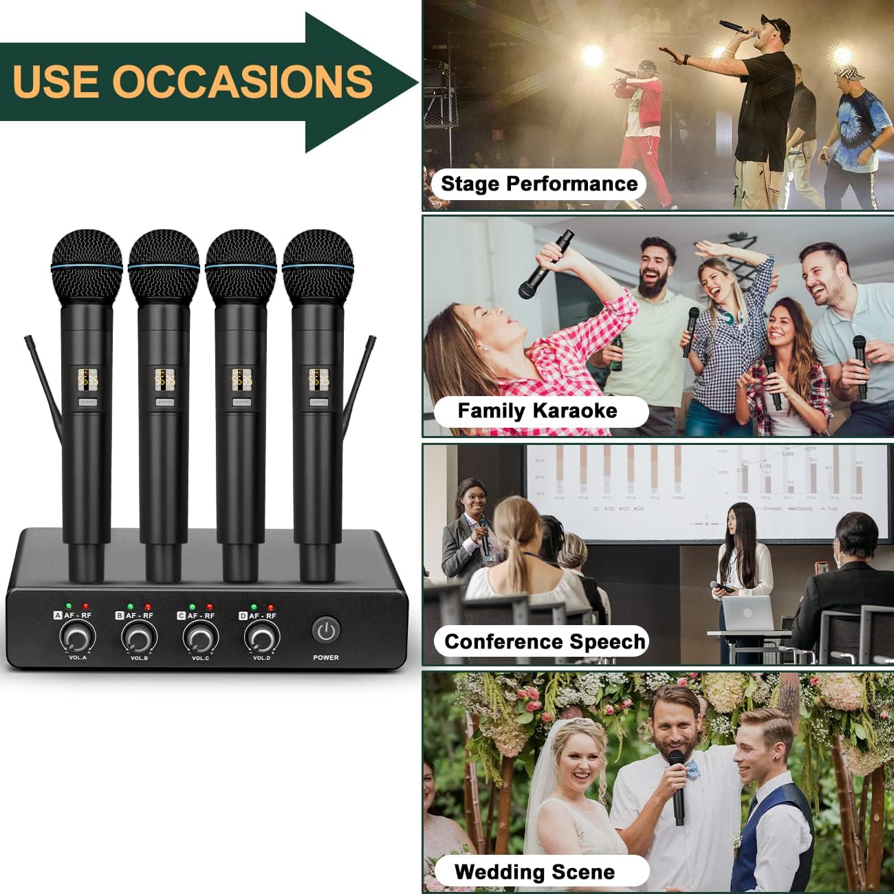 Depusheng R5 Wireless Microphone, Professional UHF Cordless Four Dynamic Mic Handheld Microphone System 1/4‘’Output for Home Karaoke, Meeting, Party, Church, DJ, Wedding, Home KTV Set