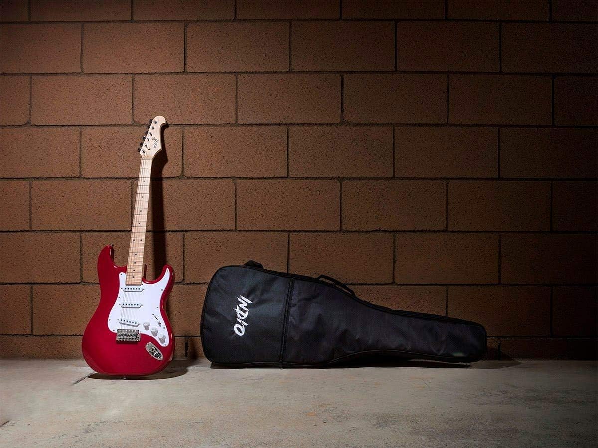 Monoprice Cali Classic Electric Guitar - Wine Red, 6 Strings, Double-Cutaway Solid Body, Right Handed, SSS Pickups, Full-Range Tone, With Gig Bag, Perfect for Beginners - Indio Series