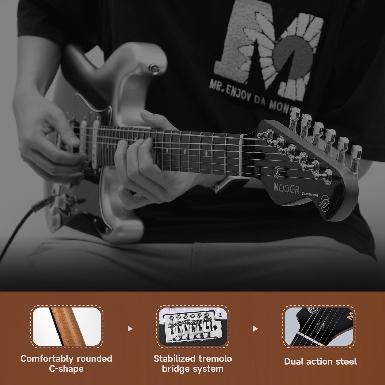 MOOER Electric Guitar Black Beginner Practice Guitar Kit, 25.5