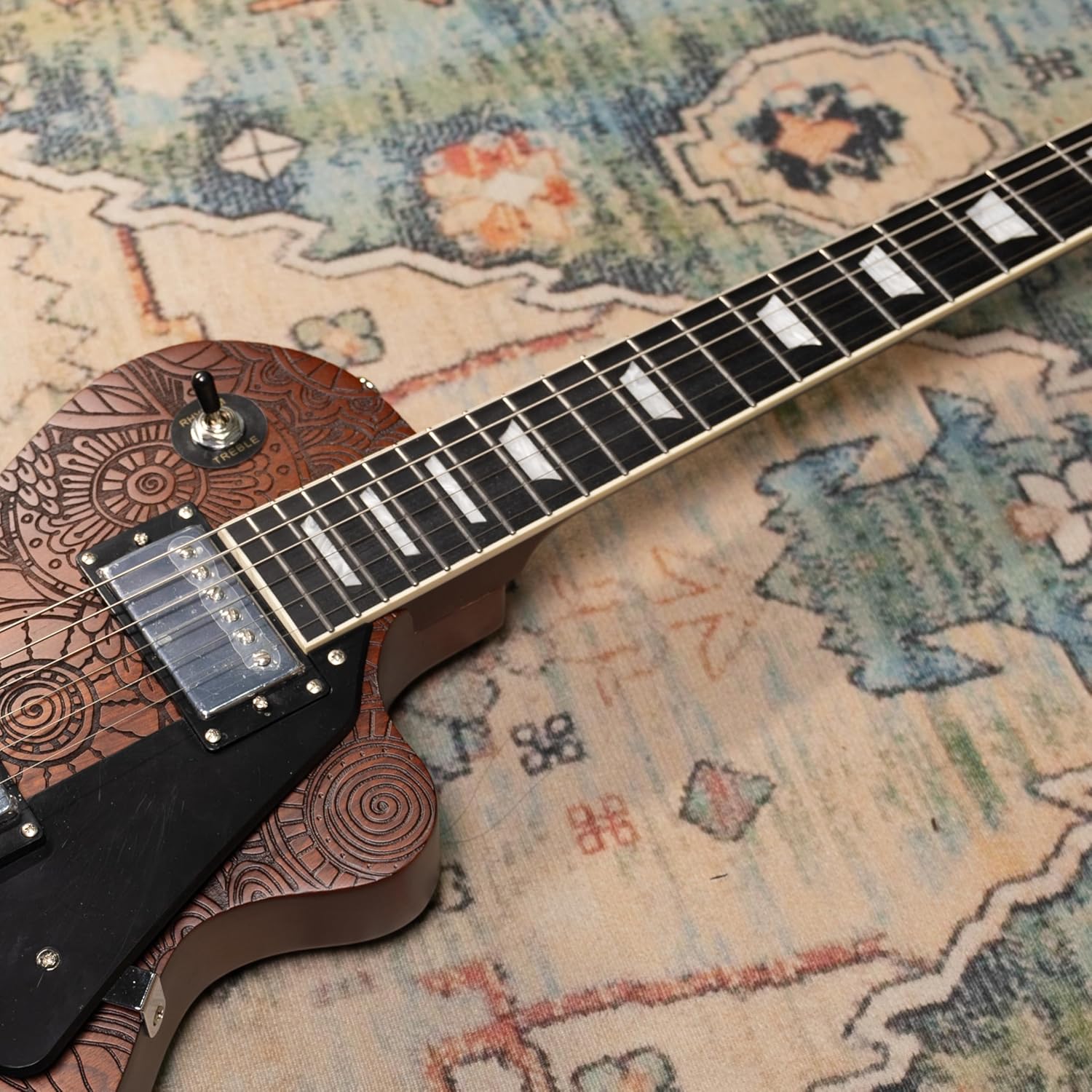 TARIO Electric Guitar Surface engraving pattern design Guitar Okoume Body with Bag