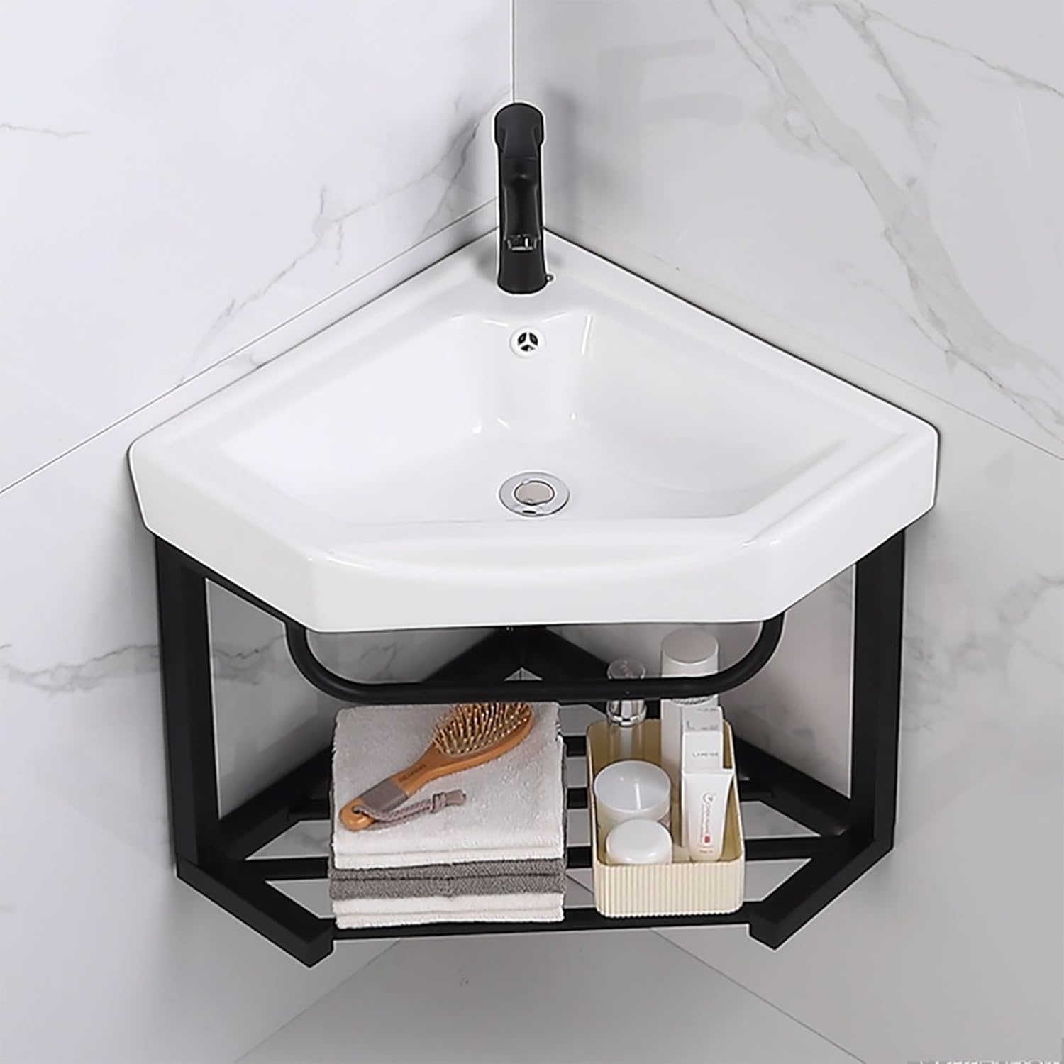 Corner Wall Mount Bathroom Sink corner ceramic sink small utility sink narrow bathroom vanity Bathroom Cabinet With Faucet And Drain small corner sink White Resin Basin Sink for Small Space(16.5in/42c