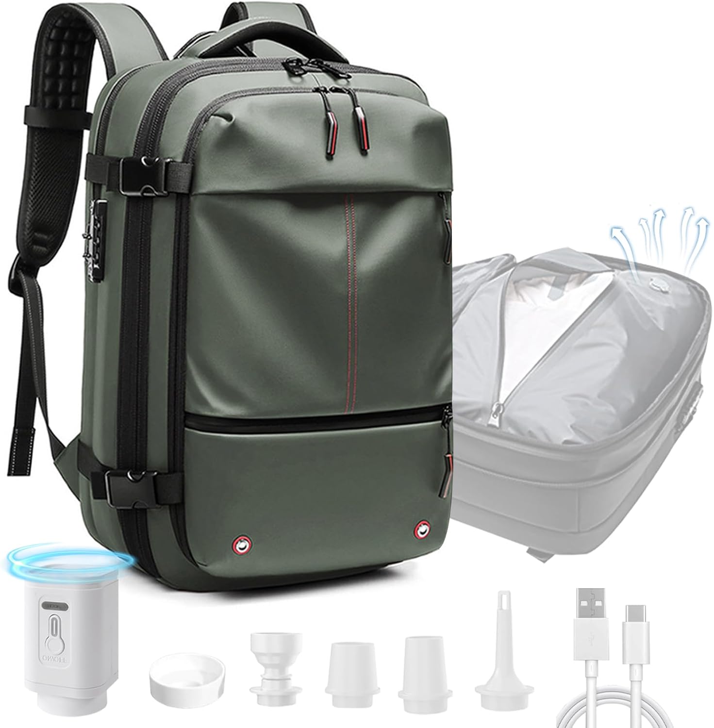 Vacuum Backpack for Travel, 25 Inch Expandable Vacuum Compression Bag with Electric Vacuum Pump, Space Saver Bags (Army Green)