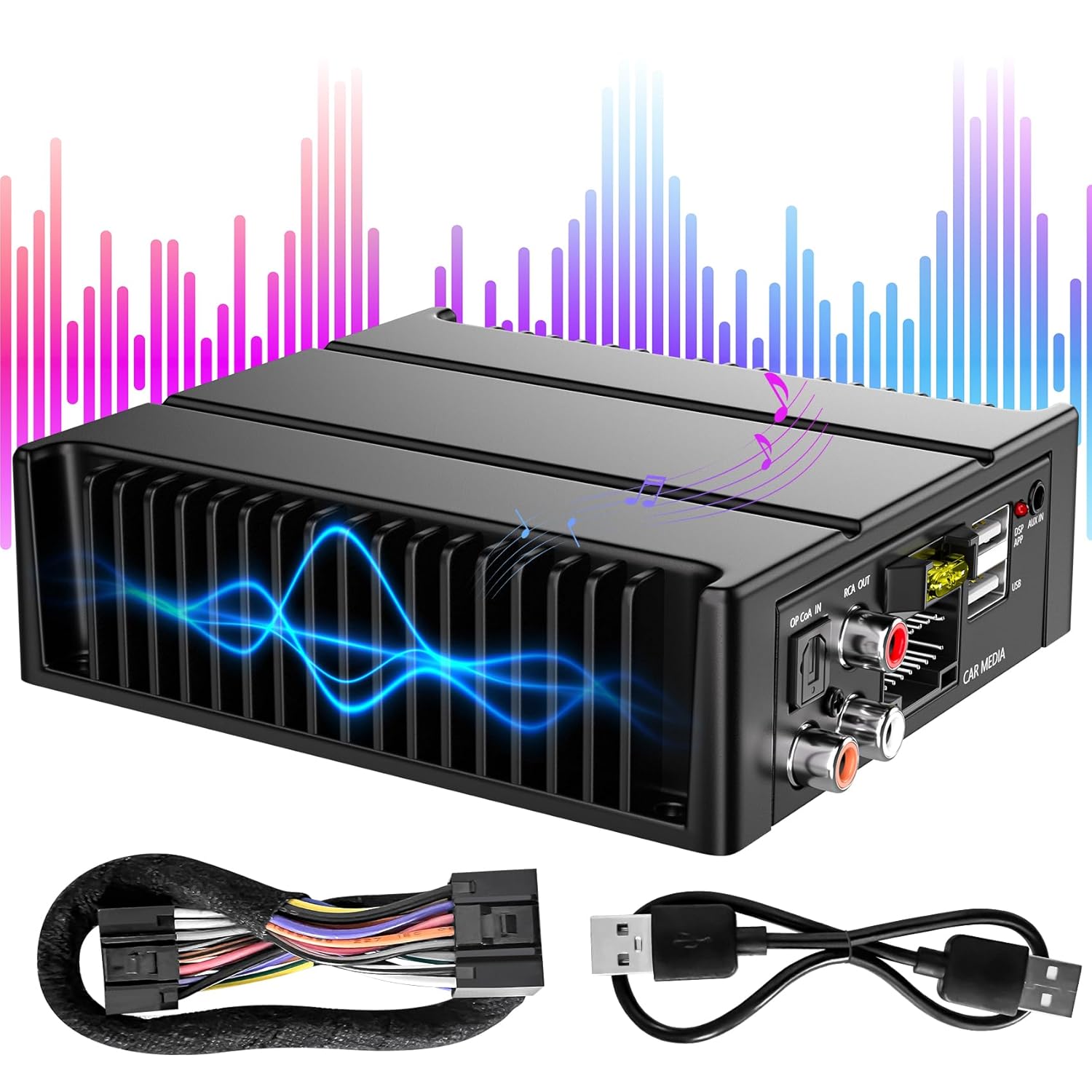 8-Channel Full-Range Power Amplifier, 4x80W Sound Adjust for All Aftermarket Android Car Radio, Class D Digital Signal Processor Support Home Use, 32-Band EQ, MP3/USB/AUX/APP, Compact, Perfect Install