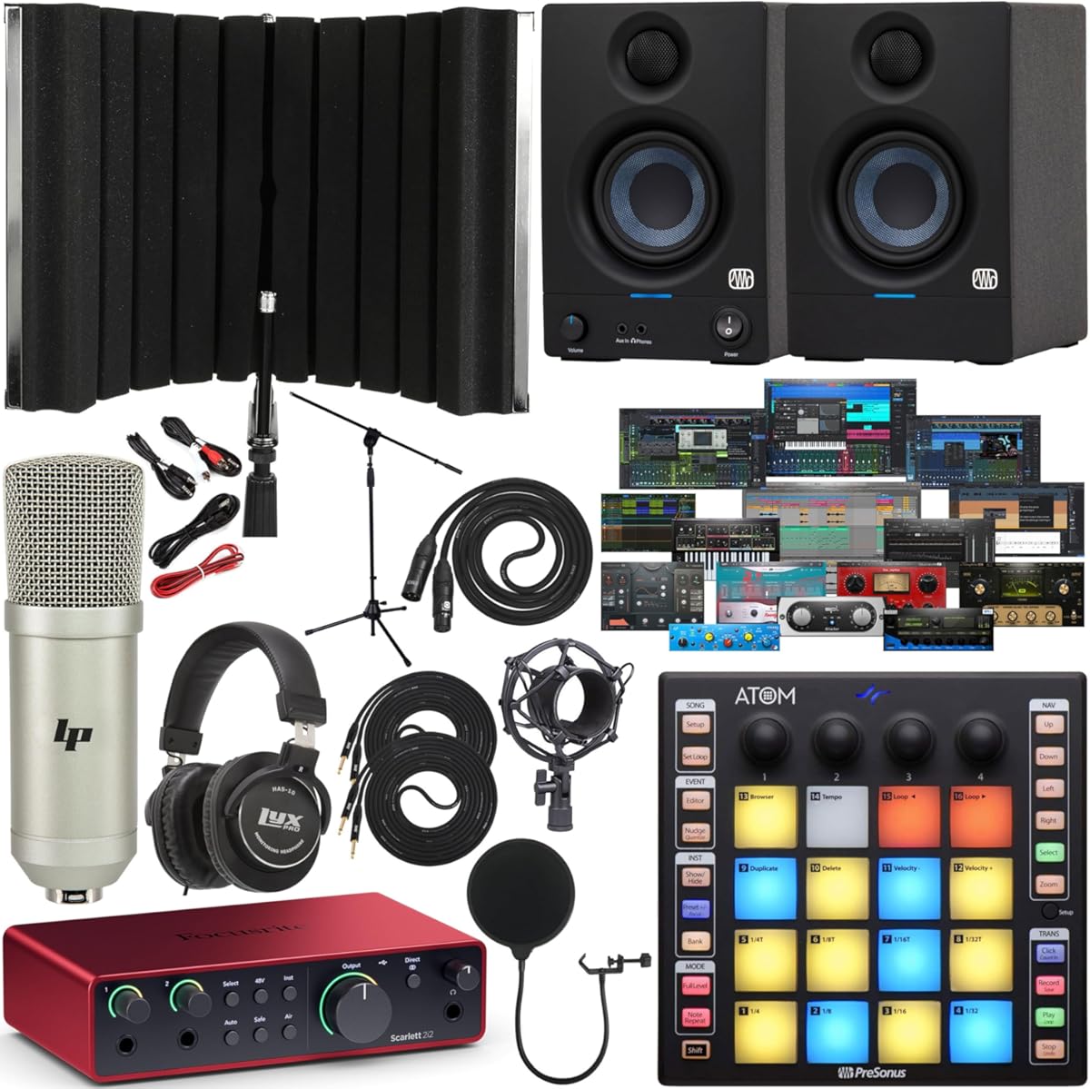 Focusrite Scarlett 2i2 4th Gen USB-C Audio Interface Full Studio Bundle with Eris 3.5 Monitors ATOM Pad Controller Condenser Microphone Headphones Isolation Shield Boom Stand Pop Filter and Cables