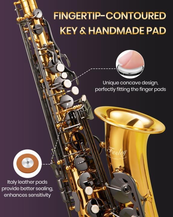 Fesley Saxophone E Flat Alto Saxophone: Saxofón Alto for Professional, Sax for Beginners & Students, Saxophones with Reeds, Neck Strap, Sax Case & Portable Cleaning Kit, Black & Gold