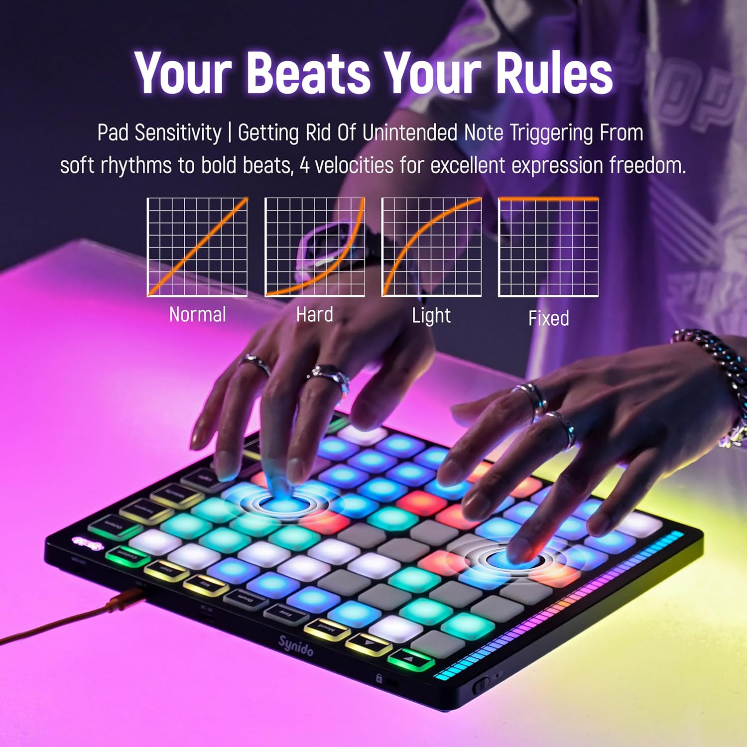 Synido MIDI Pad Beat Maker Machine with 64 Velocity Sensitive RGB Pads and Synido Portable Guitar Audio Interface for Live Stereo Streaming While Charging