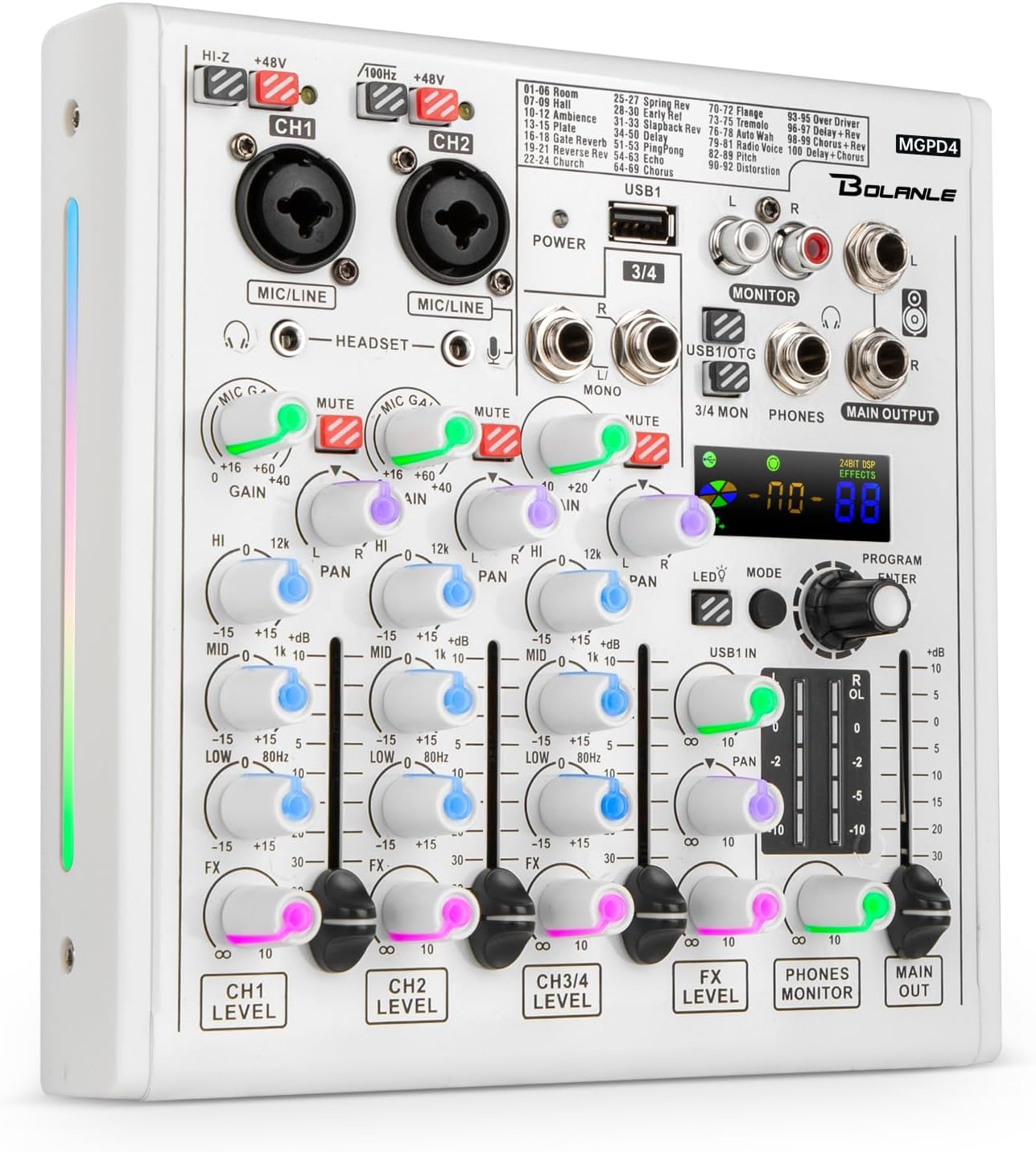 Bolanle 4-channel Mixer Professional Audio Mixer with Built-in Sound Card and Recording Function, USB Audio Interface/Bluetooth, Suitable for Podcasting, Karaoke, Studio