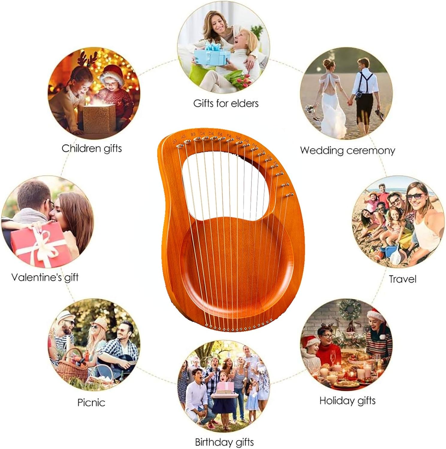 Lyre Harp 19 Metal Strings Heptachord Mahogany Solid Wood String Instrument with Tuning Key and Bag,Best Gift for Beginners, Music Lovers, Kids,Adults (Color : Yellow)