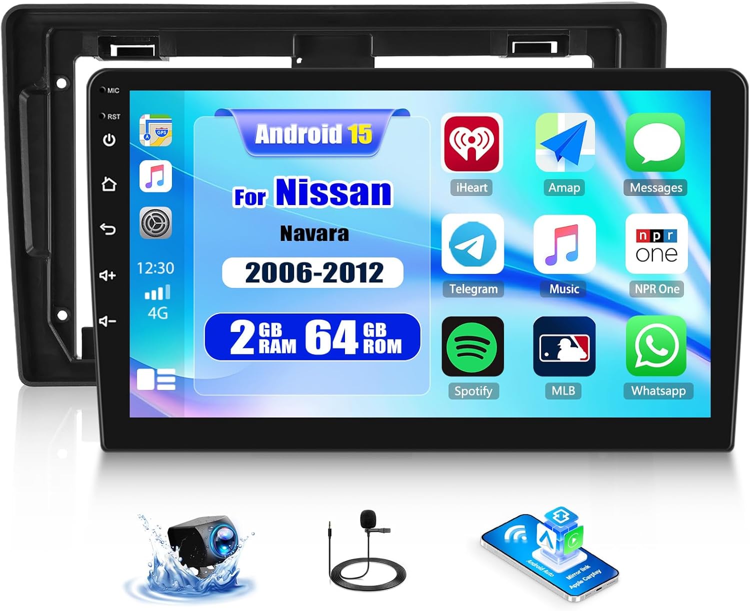 CAMECHO 2G+64G Android 15 Car Stereo for Nissan Navara 2006-2012 9 Inch Touch Screen with Wireless CarPlay Android Auto Mirror Link 26UI Bluetooth FM GPS Navigation WiFi SWC Backup Camera