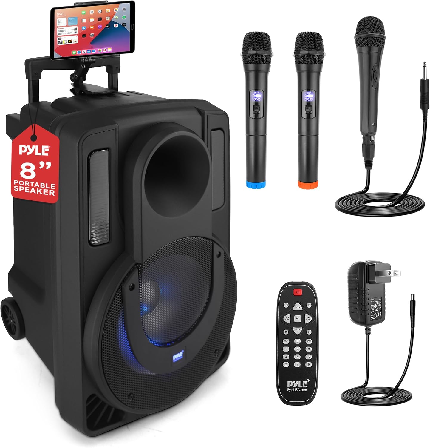 Pyle 8’’ Portable PA Speaker System - 280 Watts PA & Karaoke Speaker with Two Wireless & 1 Wired Microphone, Wireless Bluetooth Streaming, Flashing Party Lights, MP3/USB/FM Radio