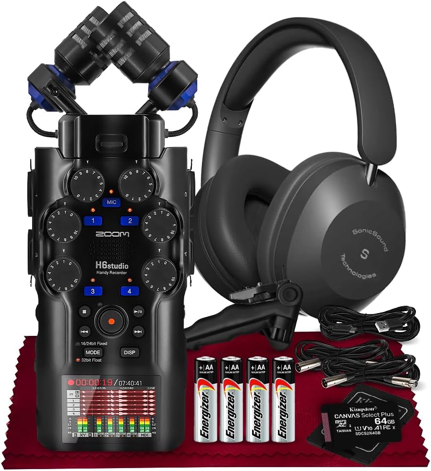 Zoom H6studio Handy Recorder, H6 Studio (H6S) 32-Bit Float Recording, F-Series Preamps, Gain Knobs, Large Mics, USB Audio Interface w/Headphone, MicroSD, Tripod for Podcast Filmmaker Musician