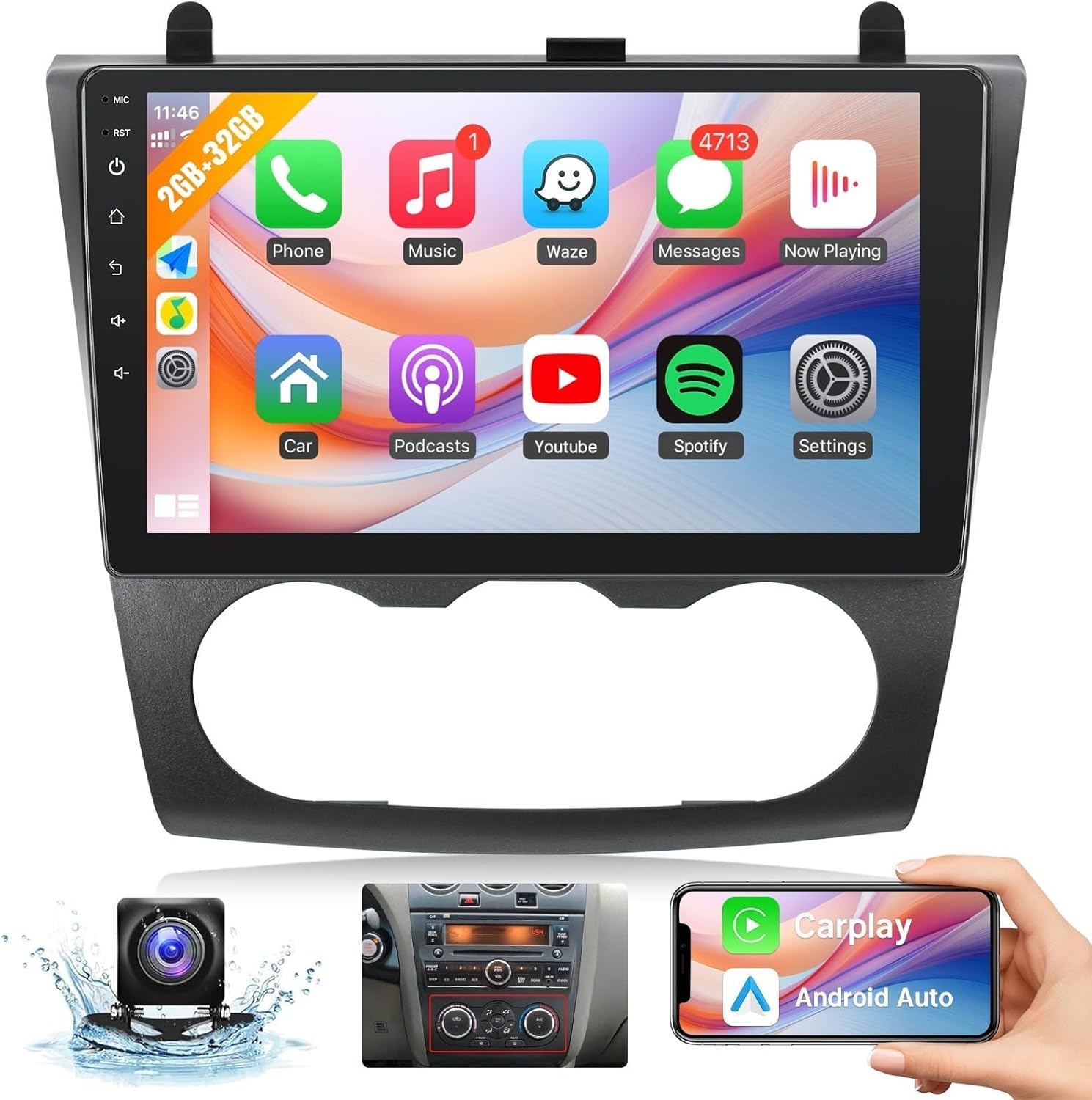 Leadfan Car Radio for Nissan Altima 2008 2009 2010 2011 2012 with Wireless CarPlay & Android Auto, 9'' Screen, with GPS Navigation FM Bluetooth Backup Camera (for 2008-2012 Altima Radio(Manual A/C))