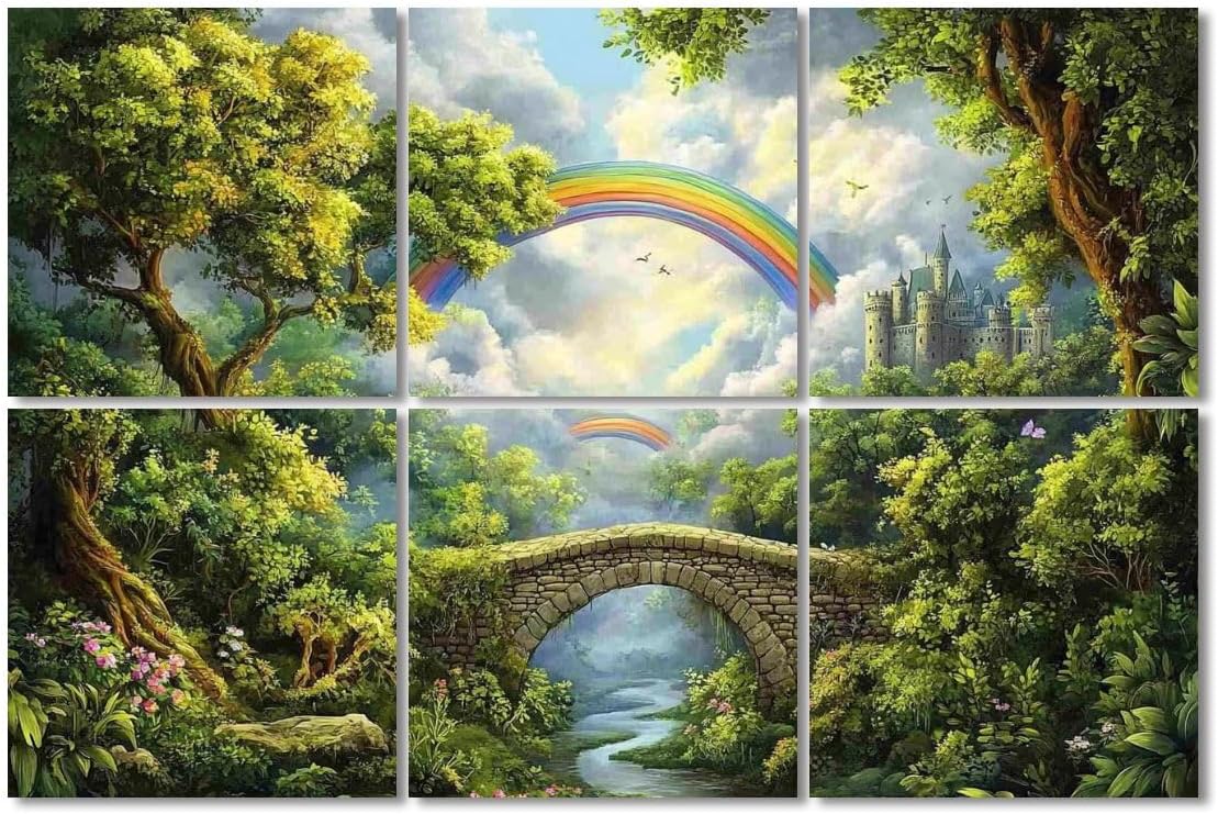 6 Pack Art Acoustic Panels Sound Absorbing Castle Stone Bridge Colorful Rainbow Dense Forest Vivid Colors Nature Decorative Soundproof Wall Panels Self Adhesive for Recording Studios Office 72