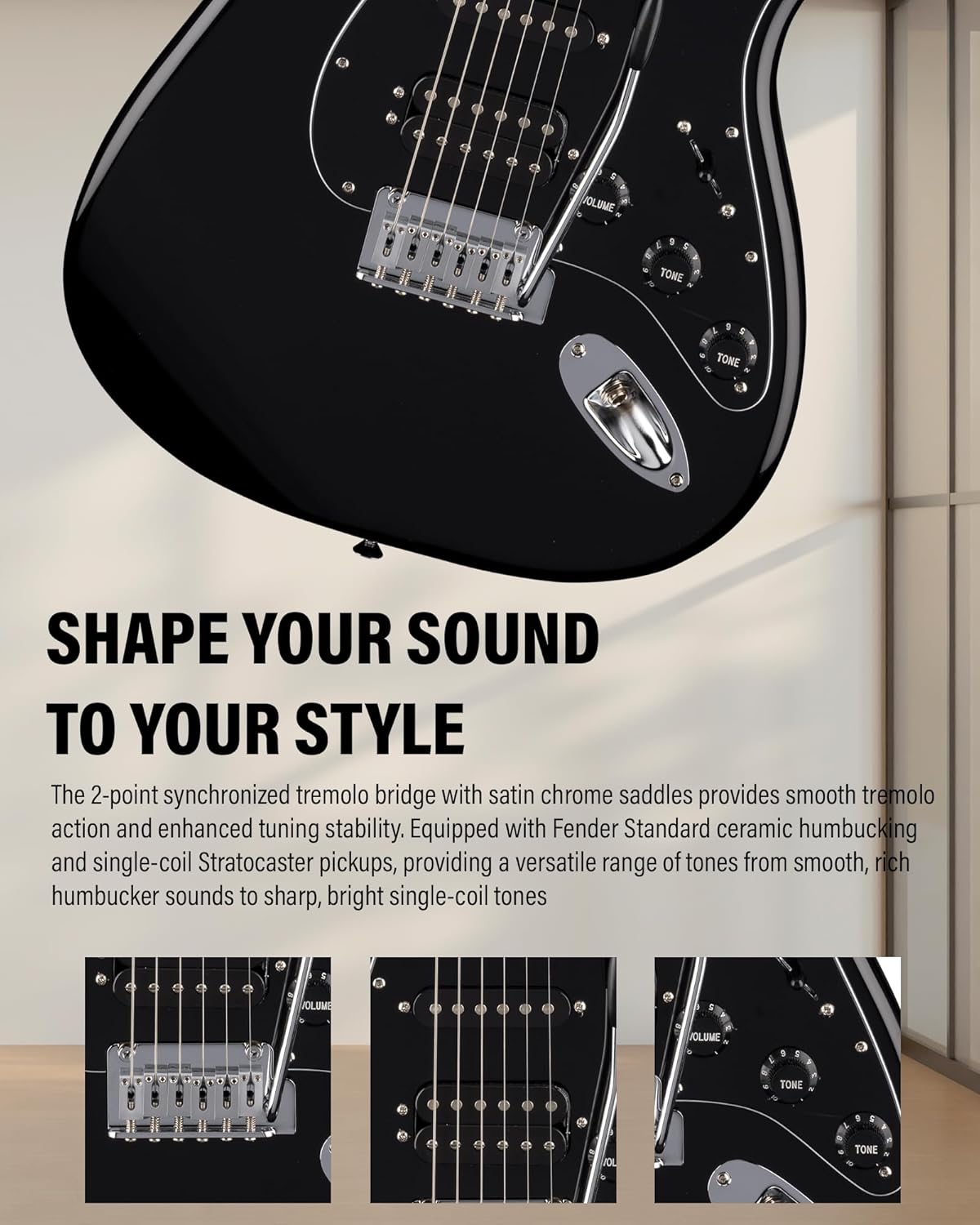 Fender Standard Stratocaster HSS - Black Bundle with Strap, Guitar Cleaning Kit and Austin Bazaar Instructional Video