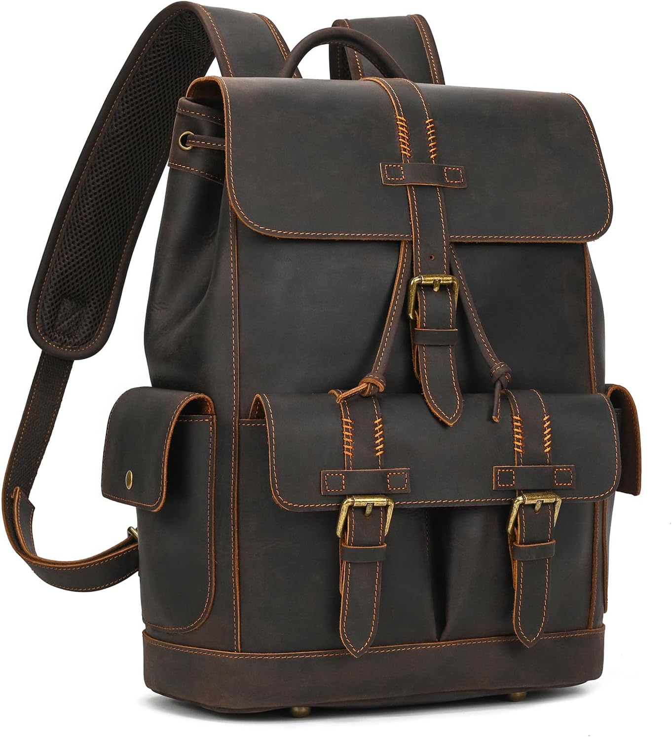 Genuine Leather Backpack for Men Casual Laptop Shoulder Bag Rucksack with Anti-Theft Pocket Travel Daypack, Dark Brown