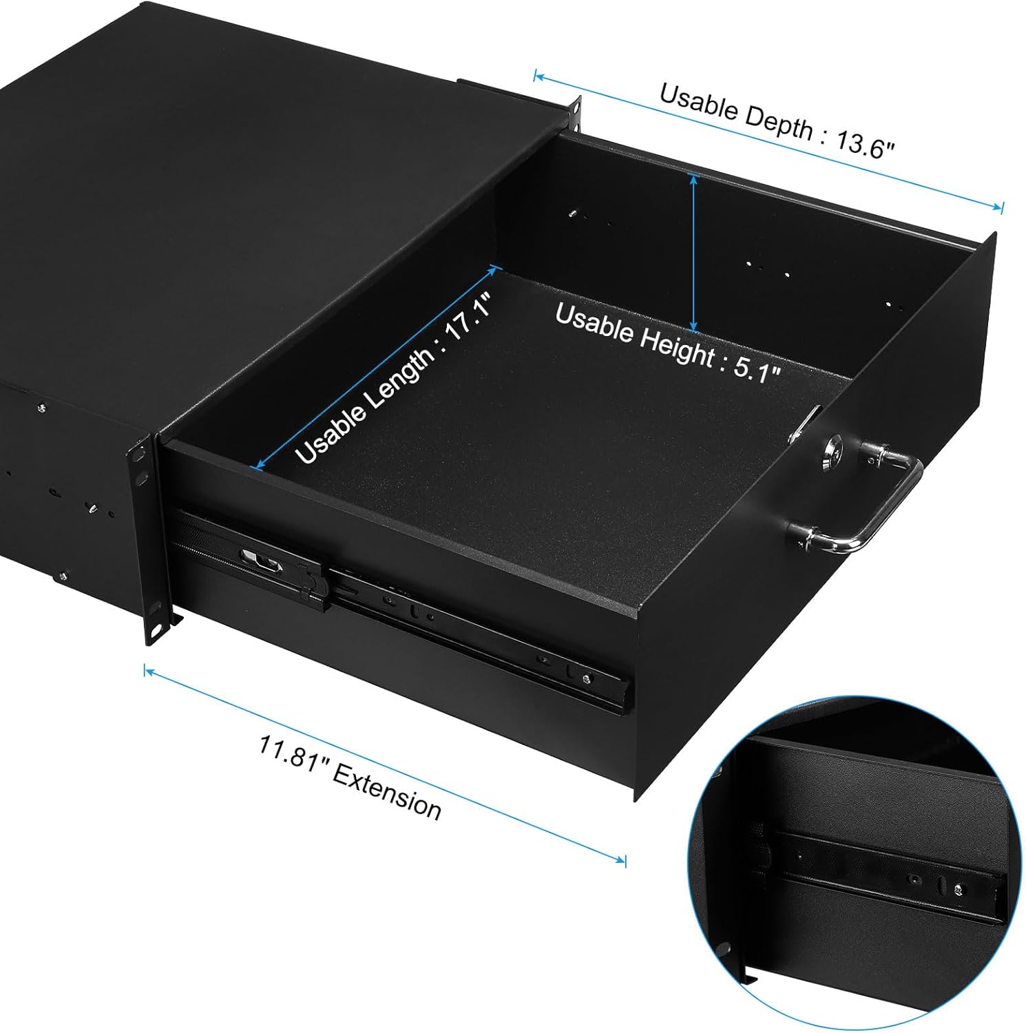 MECCANIXITY 3U Rack Mount Drawer for 19 Inch AV/Network/DJ Equipment Racks or Cabinets with Lock and Key