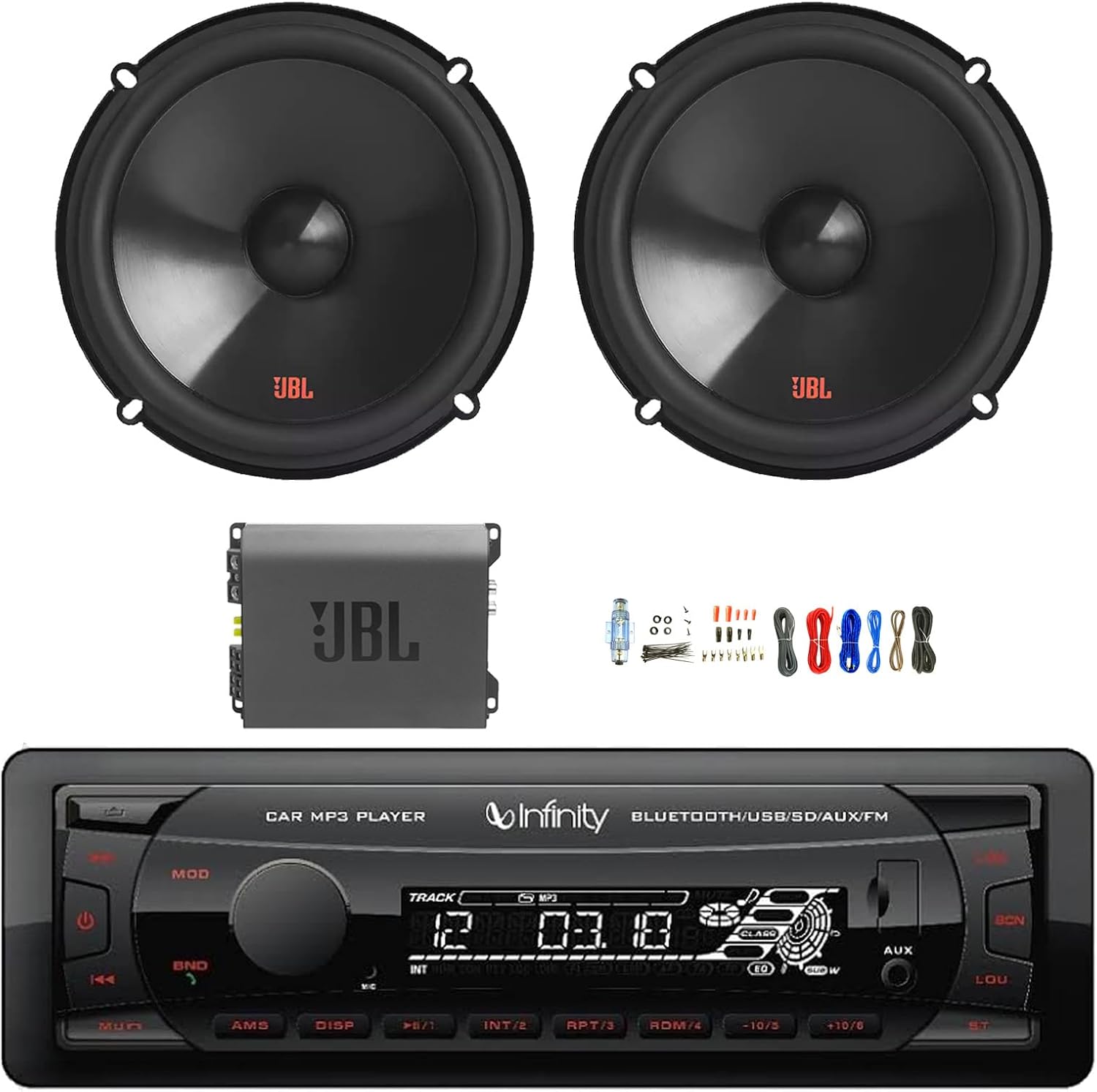 Single DIN Bluetooth USB/AUX FM Radio MP3 Receiver, 2X 6.5 250 Watt Peak Power 2-Way Car Audio Speakers, Amplifier w/Install Kit