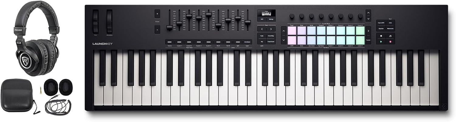 Audiosavings Bundle: Novation LAUNCHKEY 61 MK4 61-Key USB MIDI Ableton Live Keyboard Controller Bundle with Rockville PRO-M50 Studio Headphones w/Detachable Coil Cable & Case+Extra Ear Pad (2 Items)