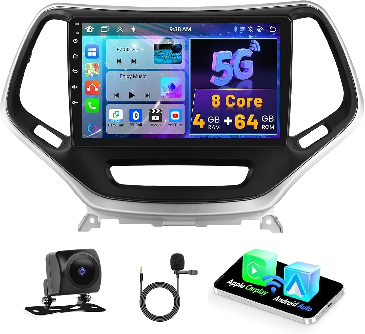 [8 Core+Android 15] 4G+ 64G Car Radio Stereo for Jeep Cherokee 2013-2018, Wireless Carplay Android Auto, 10.1 Inch IPS Touch Screen Car Radio Bluetooth GPS SWC FM RDS 5G WiFi DSP Free AHD Cam