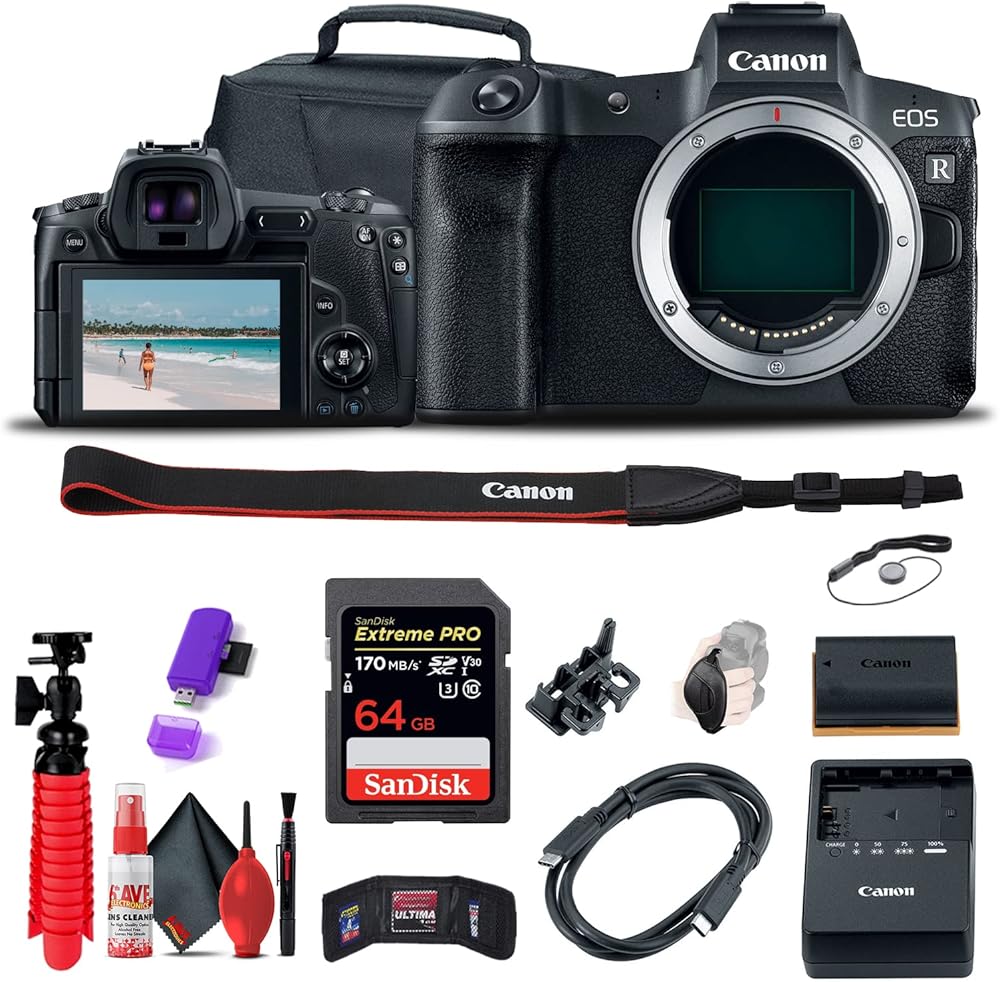 Canon EOS R Mirrorless Digital Camera (Body Only) (3075C002) + 64GB Memory Card + Case + Card Reader + Flex Tripod + Hand Strap + Cap Keeper + Memory Wallet + Cleaning Kit (Renewed)
