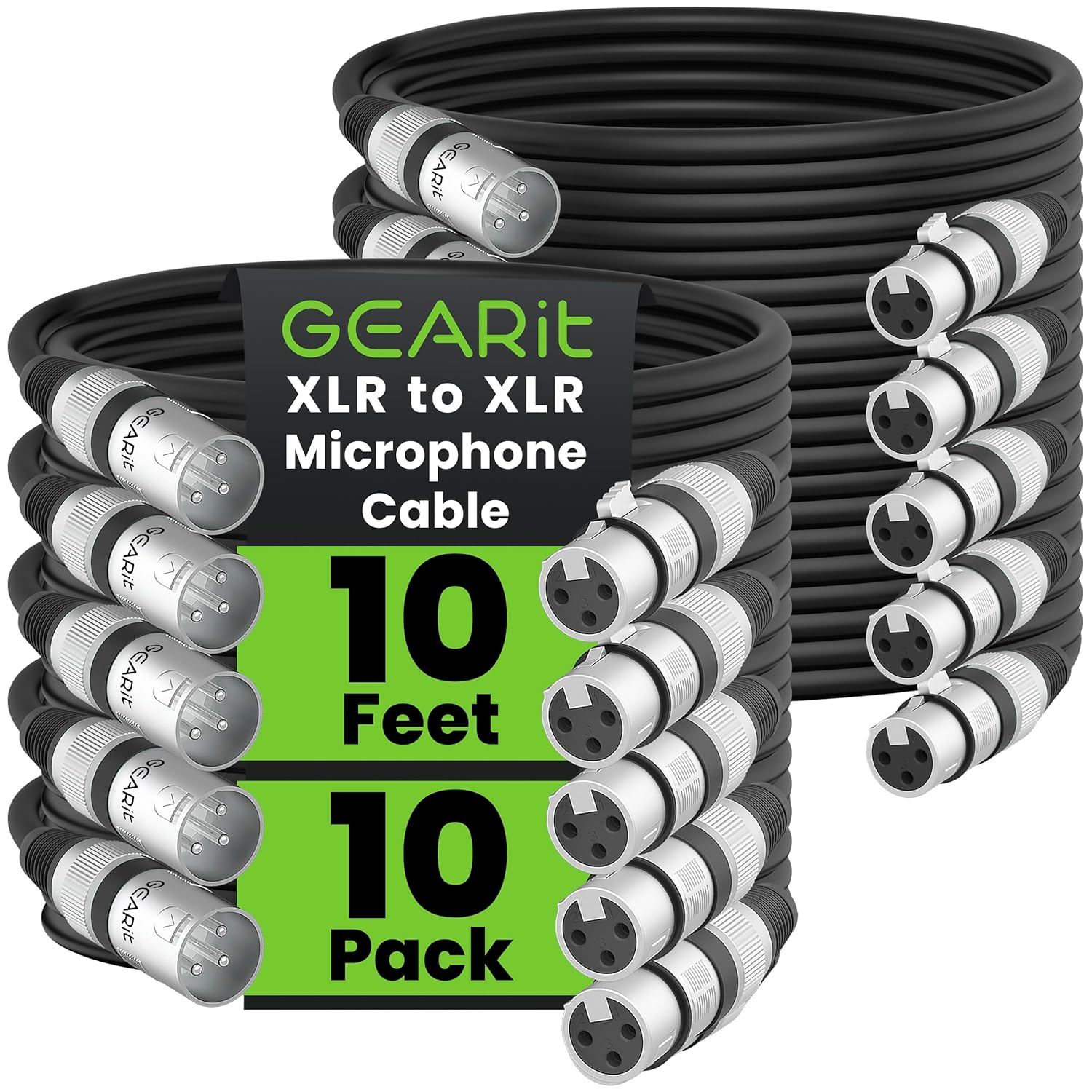 GEARit XLR Male to Female Microphone Cable (10 Feet, 10-Pack) 3-Pin Balanced Shielded Mixer, Recording Studio, Podcast - Black