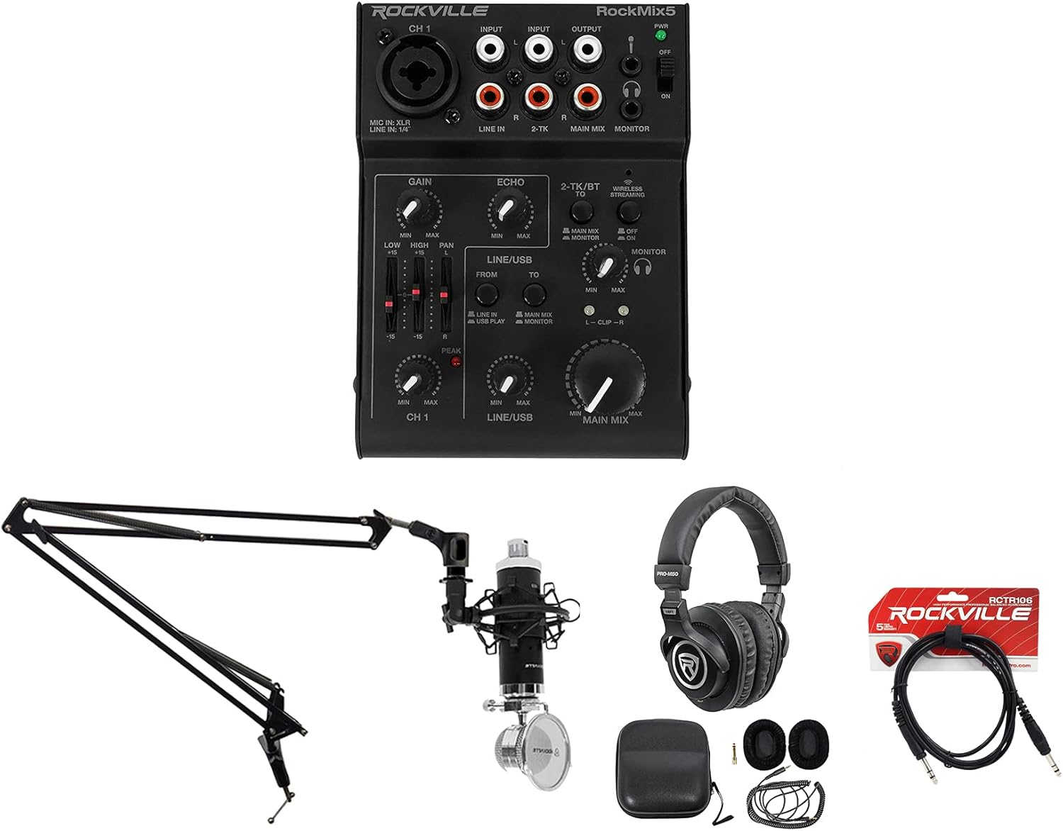 Rockville RockMix 5 Bundle: USB Interface Mixer, RCM03 Condenser Mic, DMS40 40