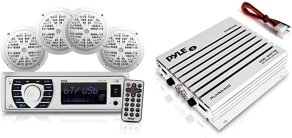 Pyle Marine Radio Receiver Speaker Set - 12v Single DIN Style Bluetooth Compatible Console System 4 Speakers(White) With Pyle Hydra Marine Amplifier 400 Watt 4 Channel Audio Amplifier LED Indicator