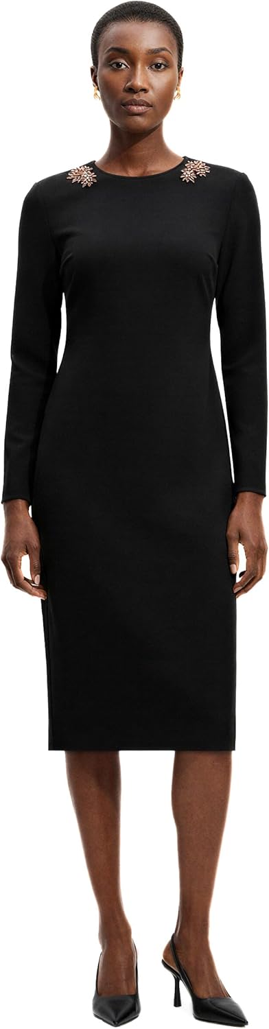 Anne Klein Womens Long Sleeve Strong Shoulder Midi Dress