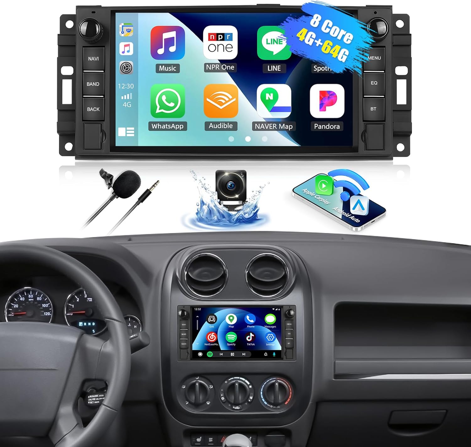 4GB+64GB Car Stereo for Jeep Wrangler Radio 2007-2018 Compass Dodge Ram 1500 2500 3500 with Wireless CarPlay Android Auto 7