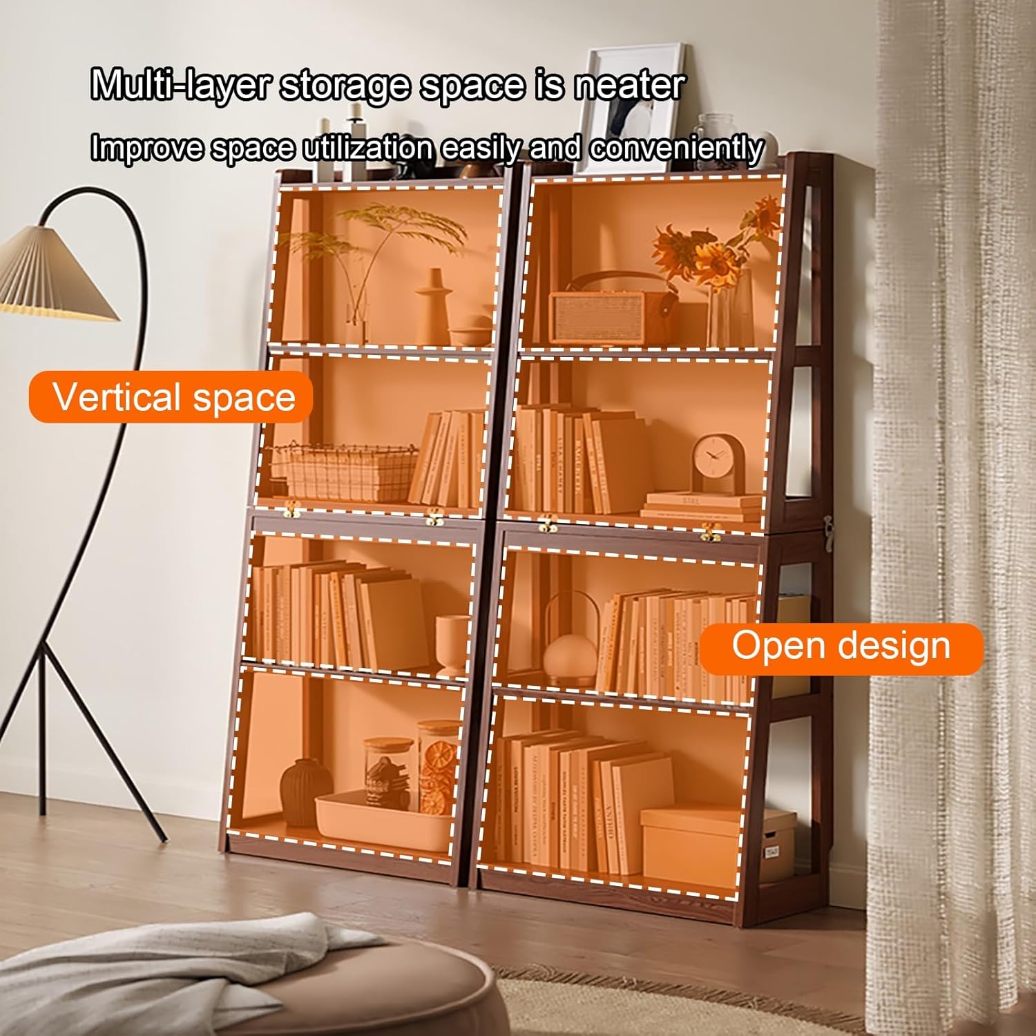 Bookcase with Foldable, Vertical Bookshelf, Modern Floor Standing Display Rack, Solid Wood Storage Organizer, for Home Office, Living Room, Bedroom(Brown)