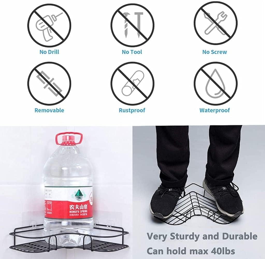Exquisite Bathroom Shelves Adhesive Shower Organizer, Corner Shelf Wall Mount Bathroom with Hooks, Drill-Free Shower Caddy Basket, Stainless Steel Shampoo Holder Rack, Rustproof&Waterproof