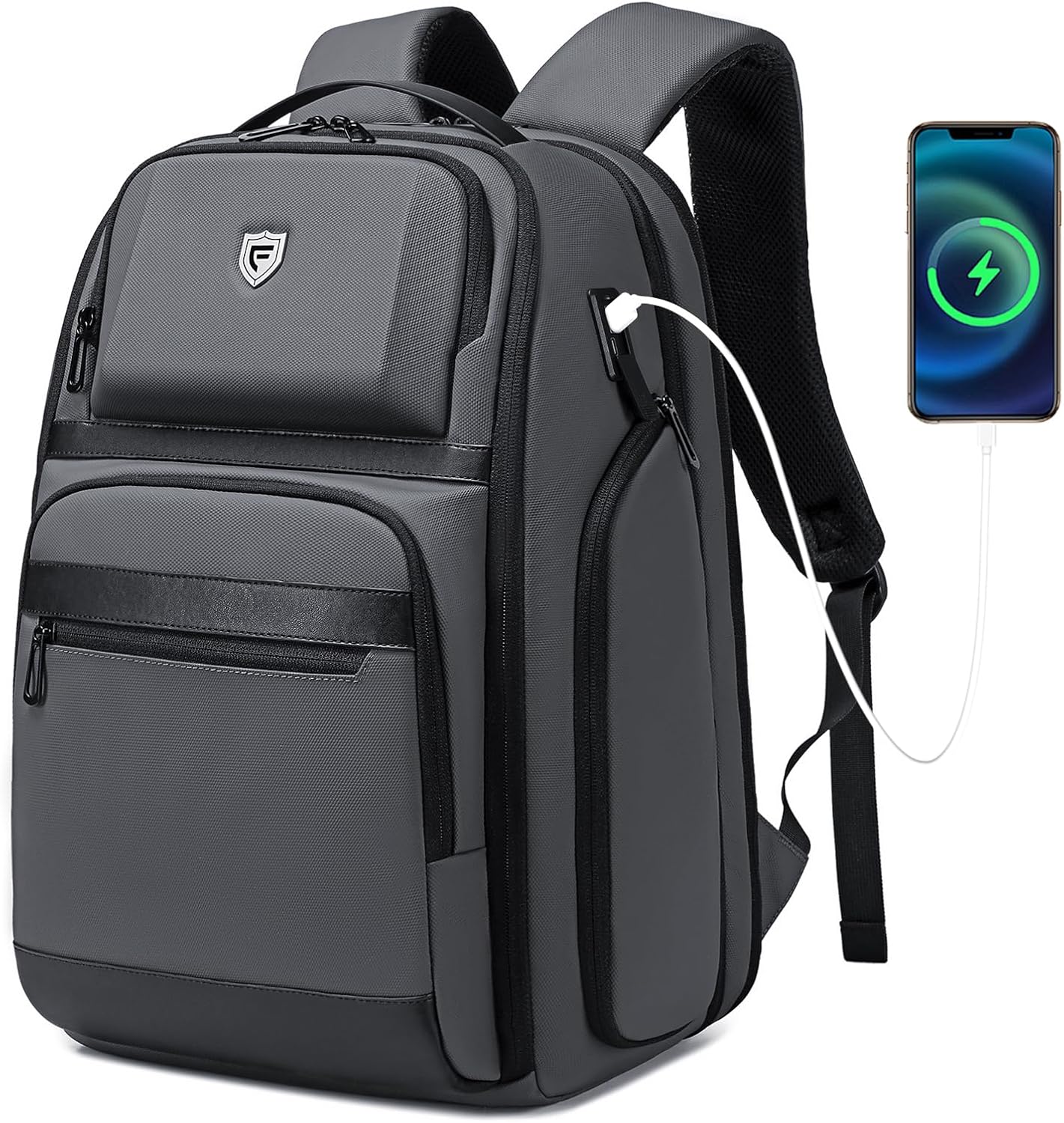 Grey Business Backpack for Men, Fits 17 Inch Laptop Water Resistant 45L Travel Bag with USB Charging Port, Expandable Men's Backpack for Work/College/Commuter