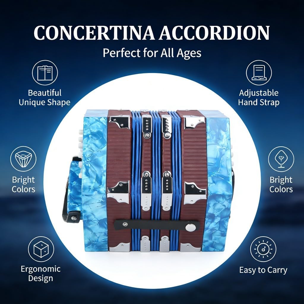 Mini 17 - Key Anglo Concertina Accordion for Adults and Beginners, Blue Portable Wooden Squeeze Box - Adjustable Strap, Lightweight, for Zydeco and Folk Music (Blue)