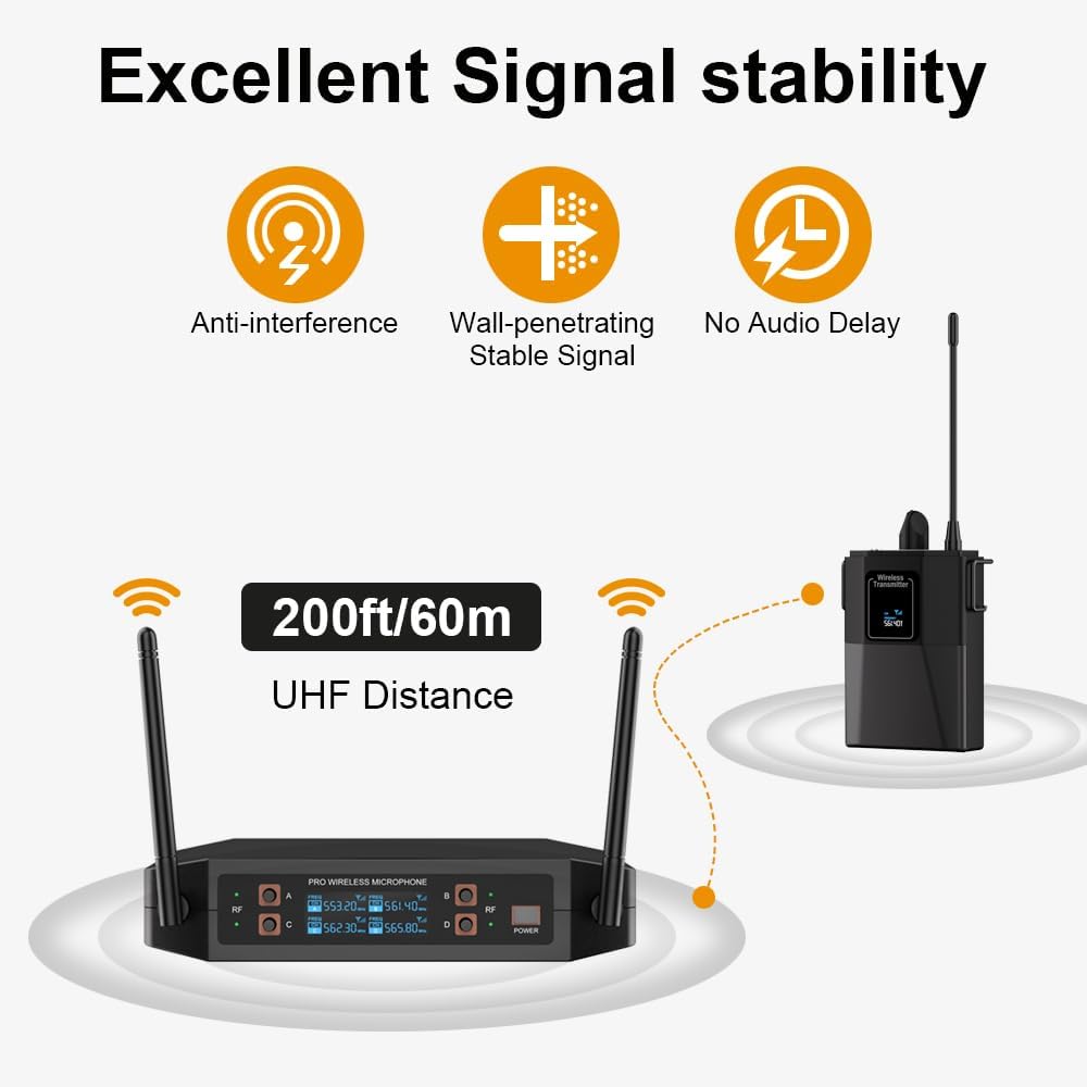 ST-102 4-Channel Wireless Microphone System, UHF Wireless Microphone kit with 4 Bodypacks and 4 Headsets Mics, auto-scan, 200-foot Coverage, for Singing, Karaoke, DJs, Churches